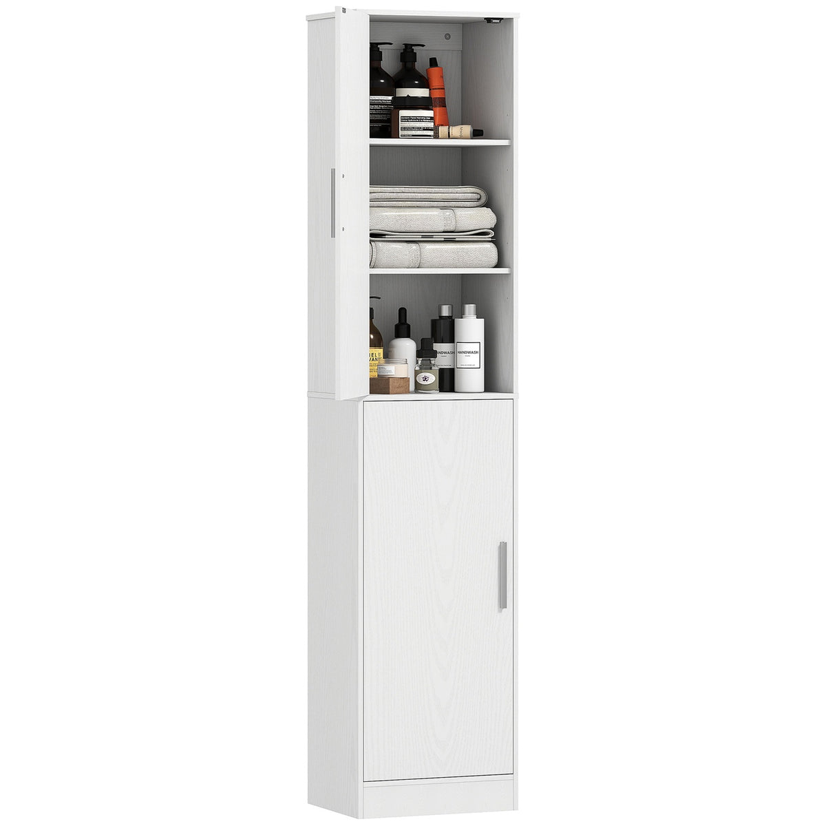 180 cm hoge badkamerkast, smalle badkamerkast met 2 deuren, 4 verstelbare planken, spaanplaat, MDF, wit