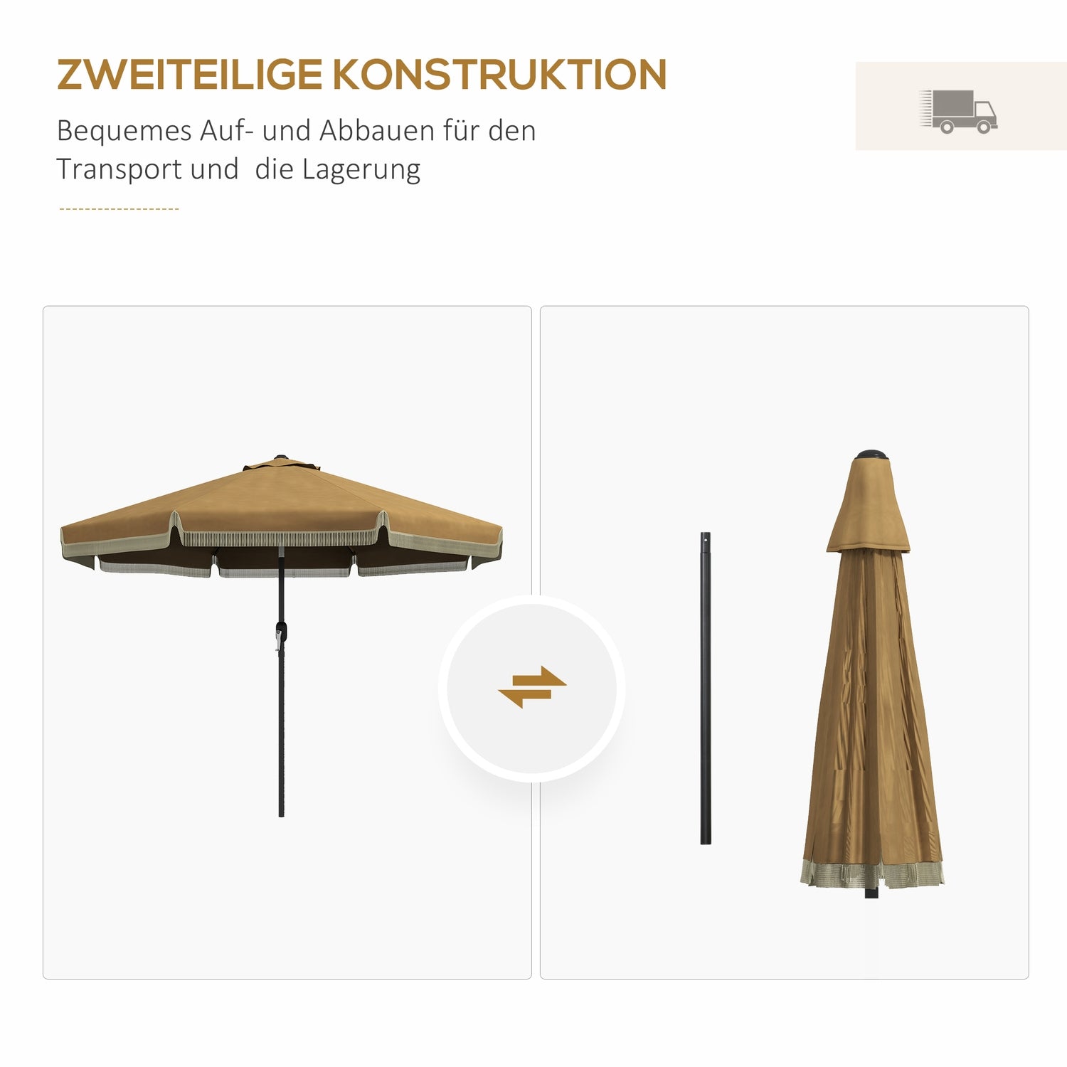 265 cm schuine terrasparasol, kaki, franjes & 8 baleinen