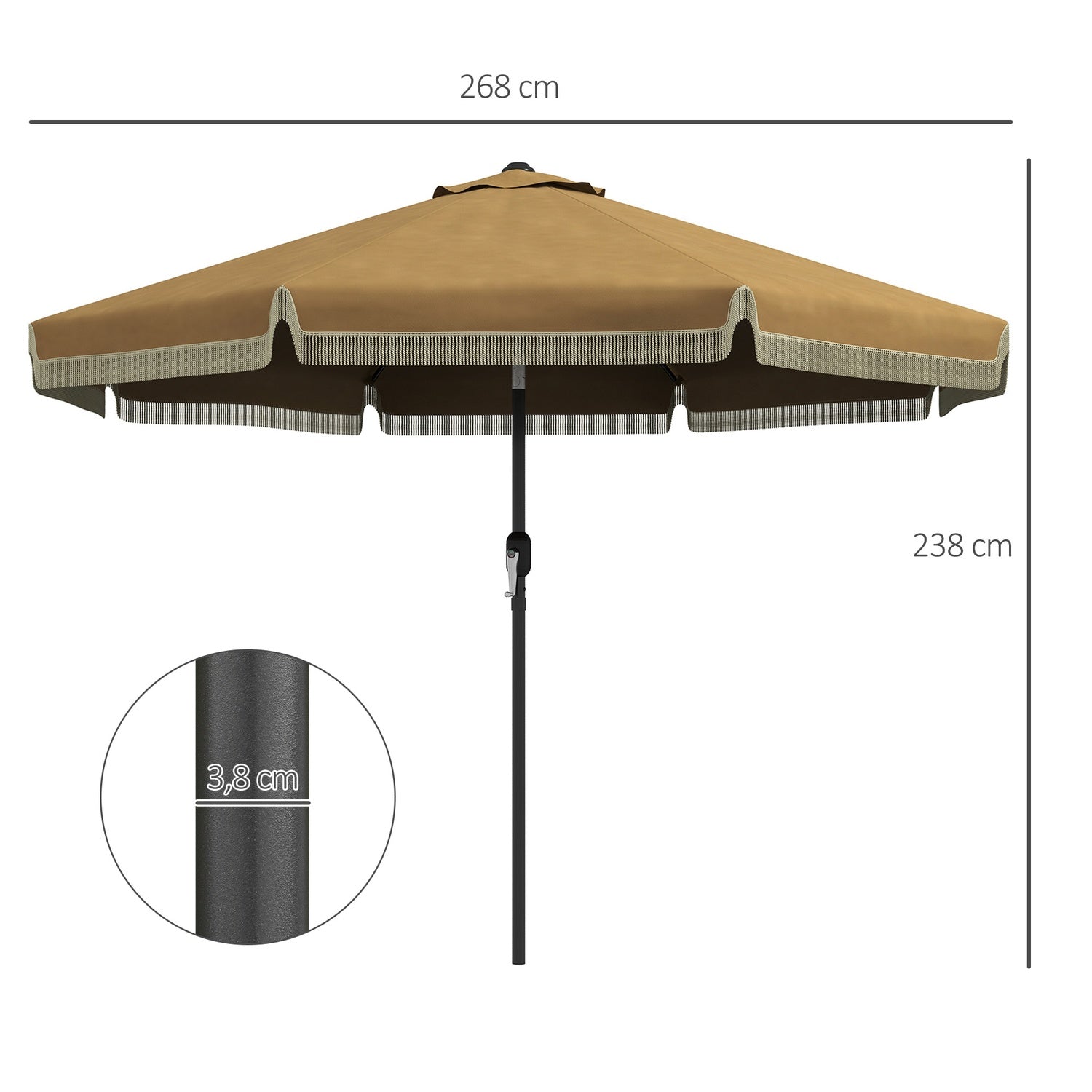 265 cm schuine terrasparasol, kaki, franjes & 8 baleinen