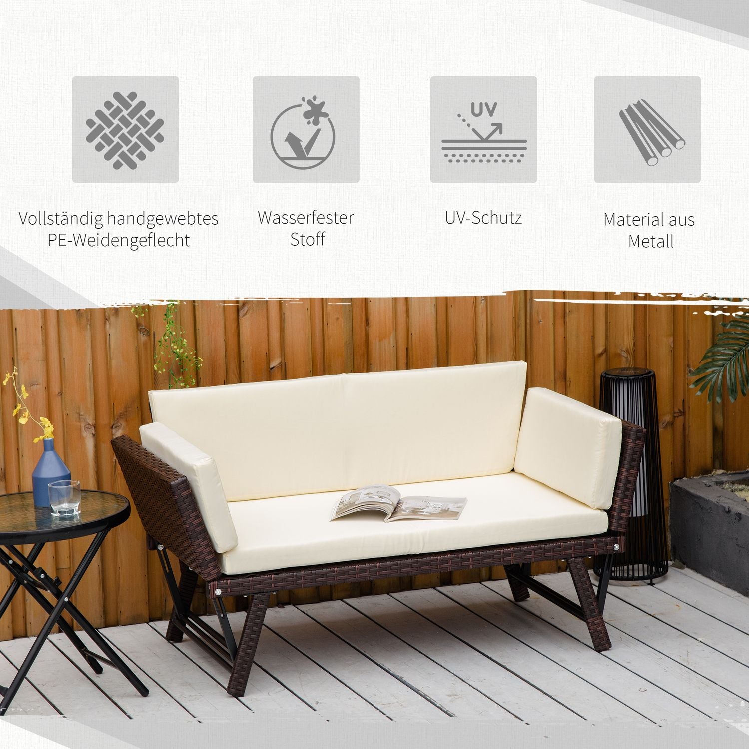 2-sits polyrattan trädgårdssoffa med fällbara armstöd