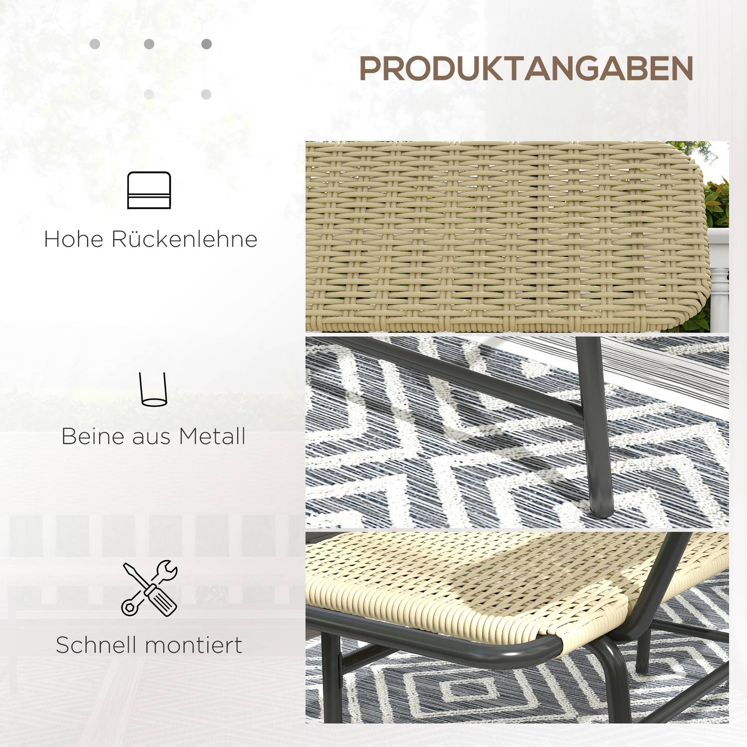 2-zits polyrotan bank, metalen frame, draagvermogen 250 kg