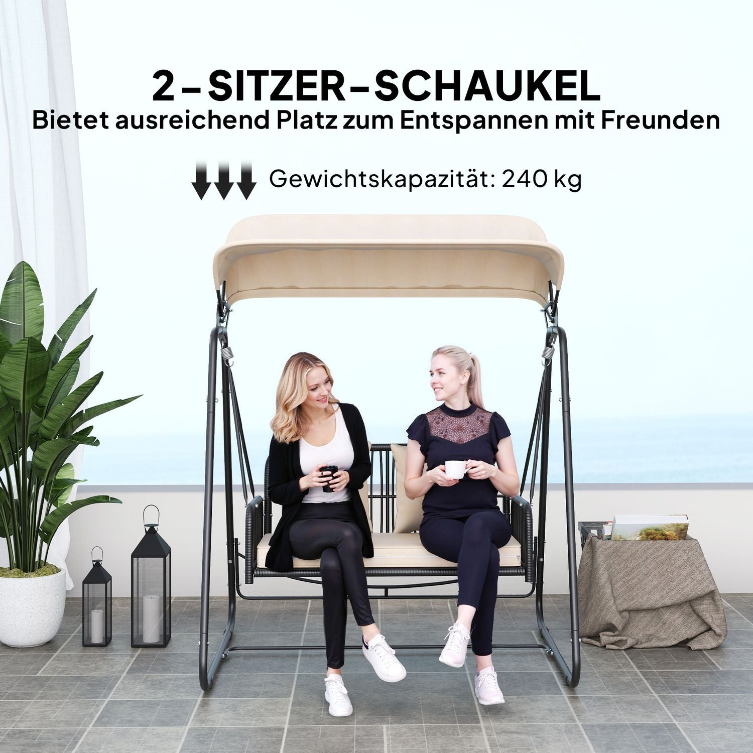 2-persoons rotan tuinschommelbank met overkapping – Khaki