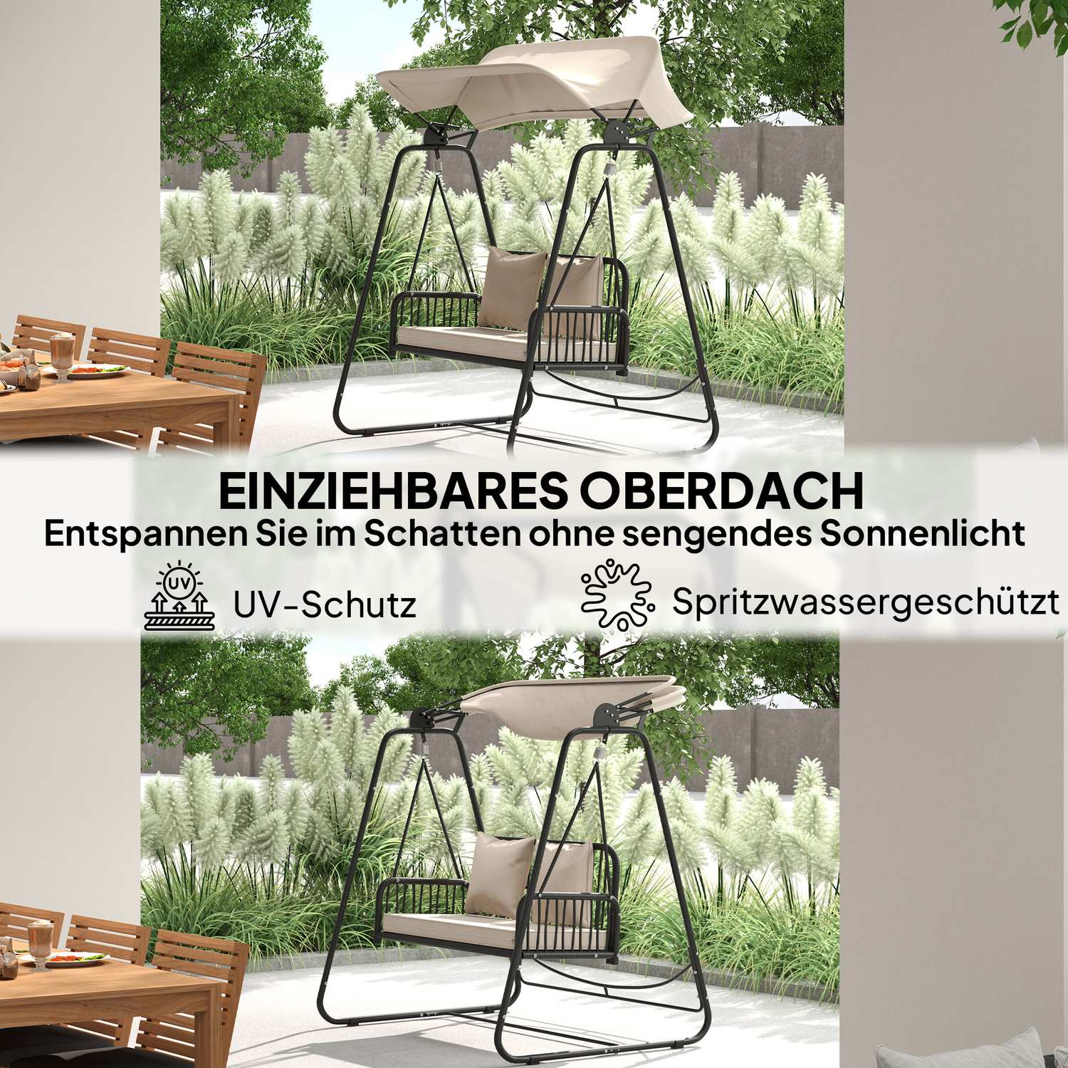 2-persoons rotan tuinschommelbank met overkapping – Khaki