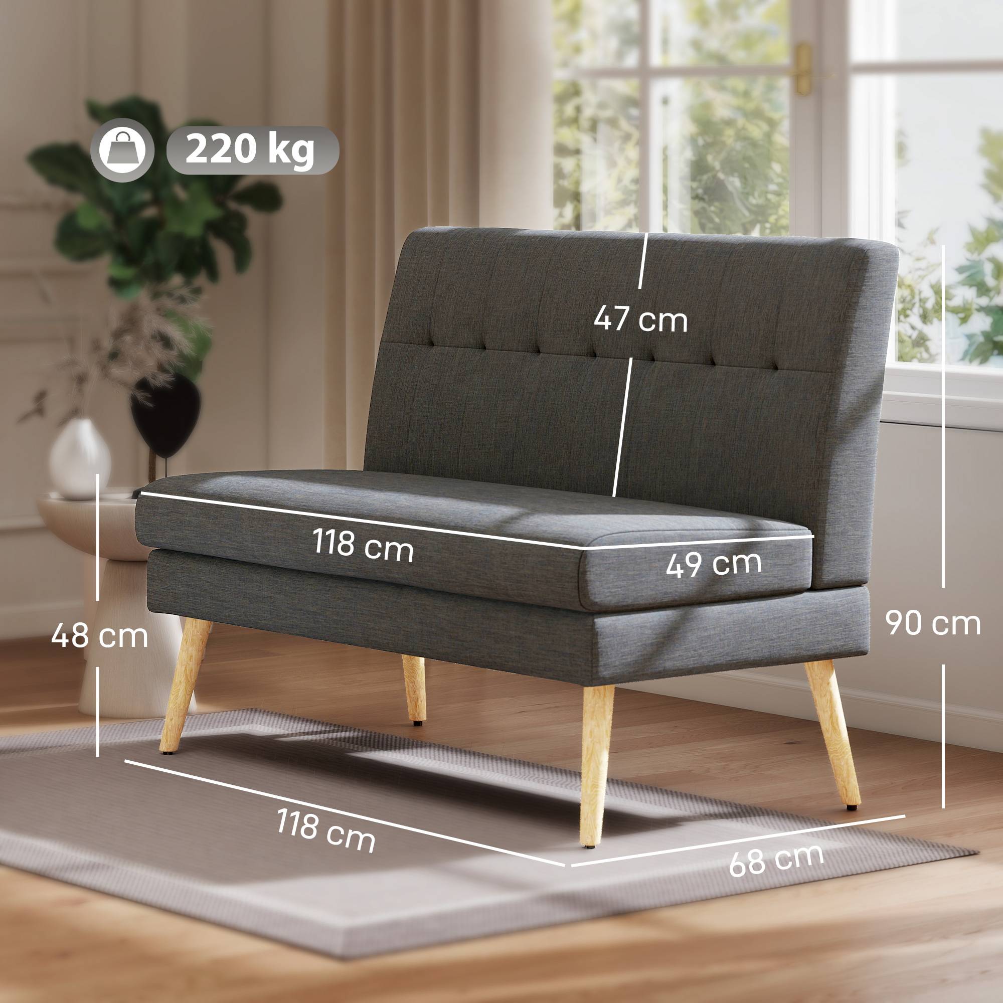 2-sitssoffa, tuftad rygg, träben, linne-look, grå