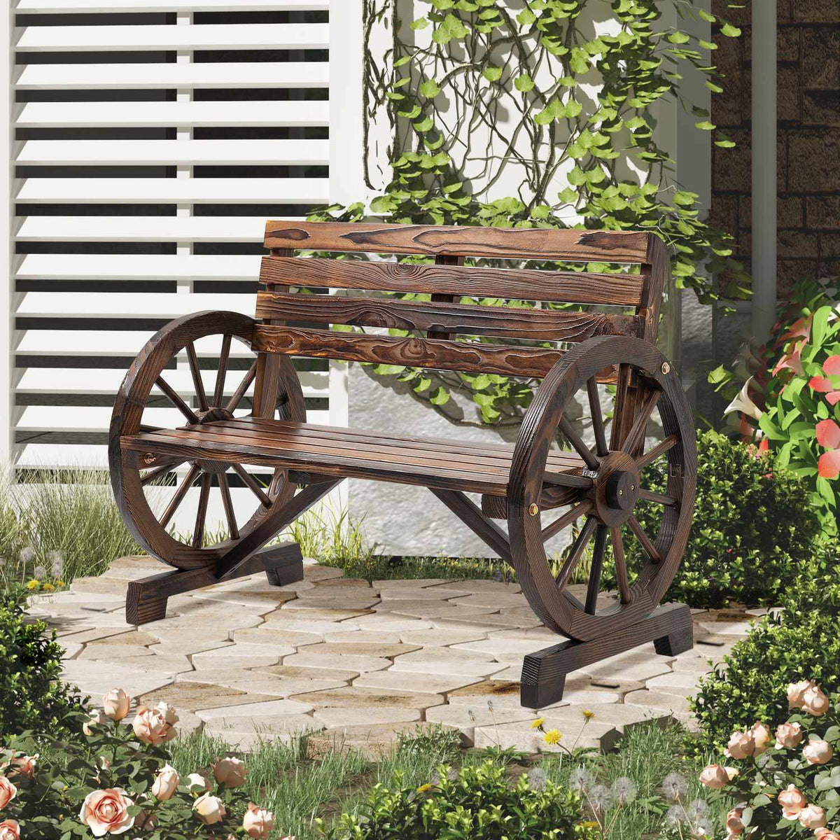2-zits tuinbank van hout met design van wagenwielen