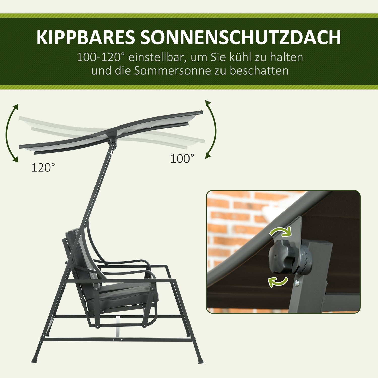 2-persoons tuinschommel met verstelbaar dak, donkergrijs