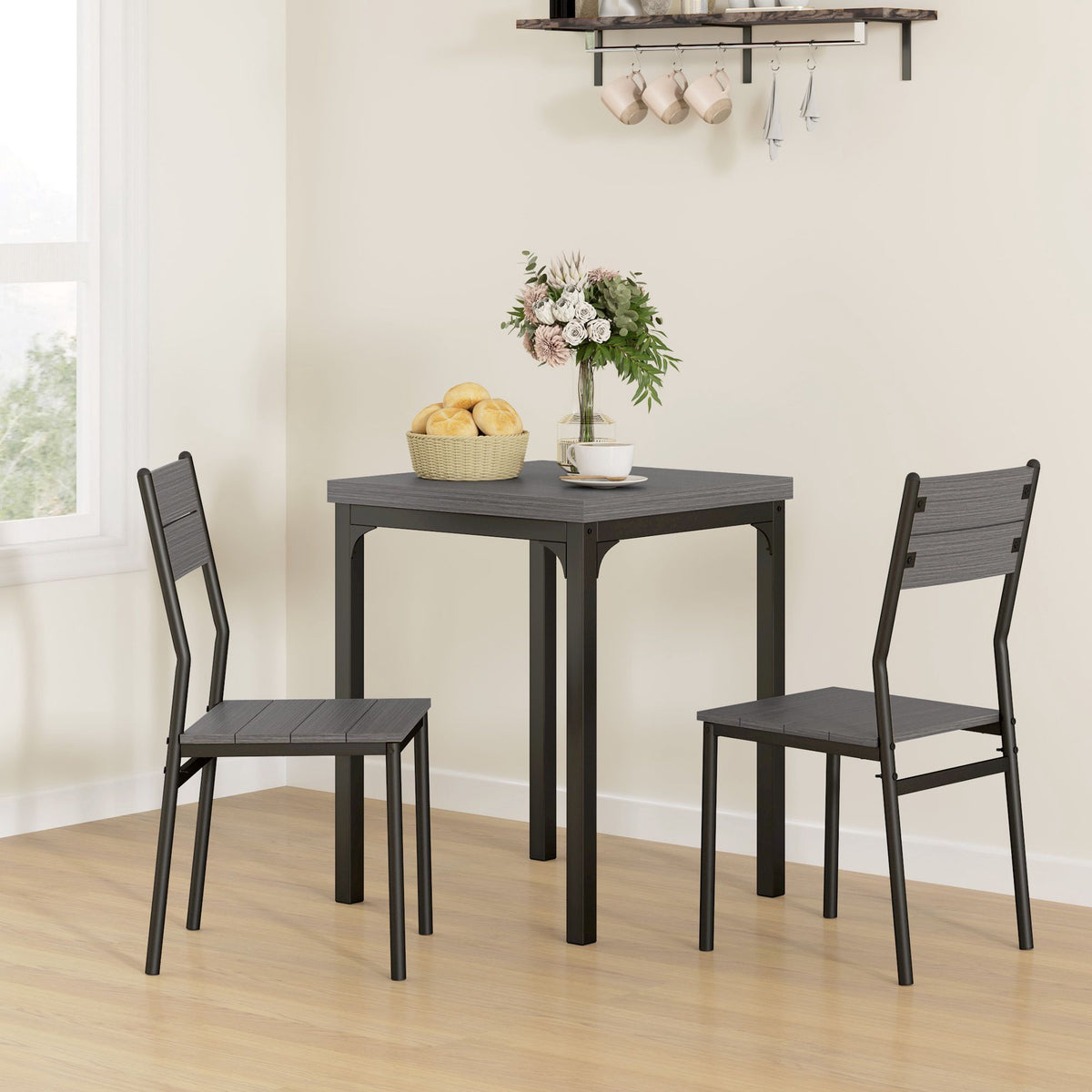 3-delige eethoek, tafel en 2 stoelen, MDF en metaal, grijs