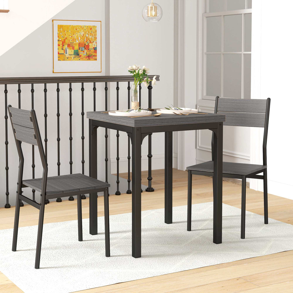 3-delige eethoek, tafel en 2 stoelen, MDF en metaal, grijs