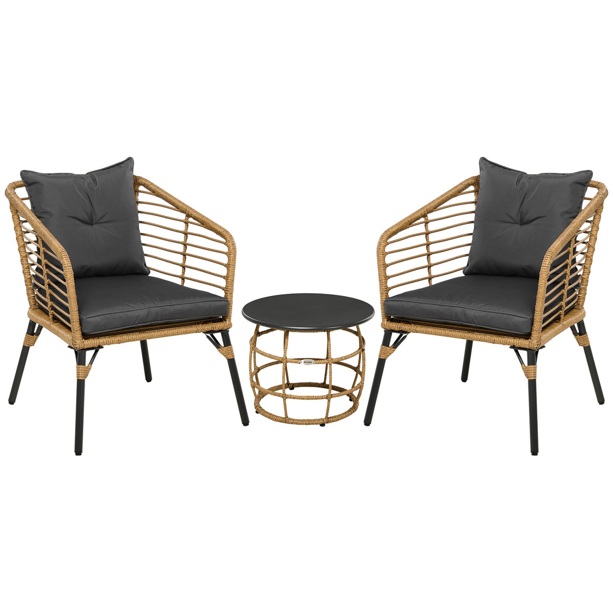 3-delige rotan tuinset met kussens, zand/donkergrijs