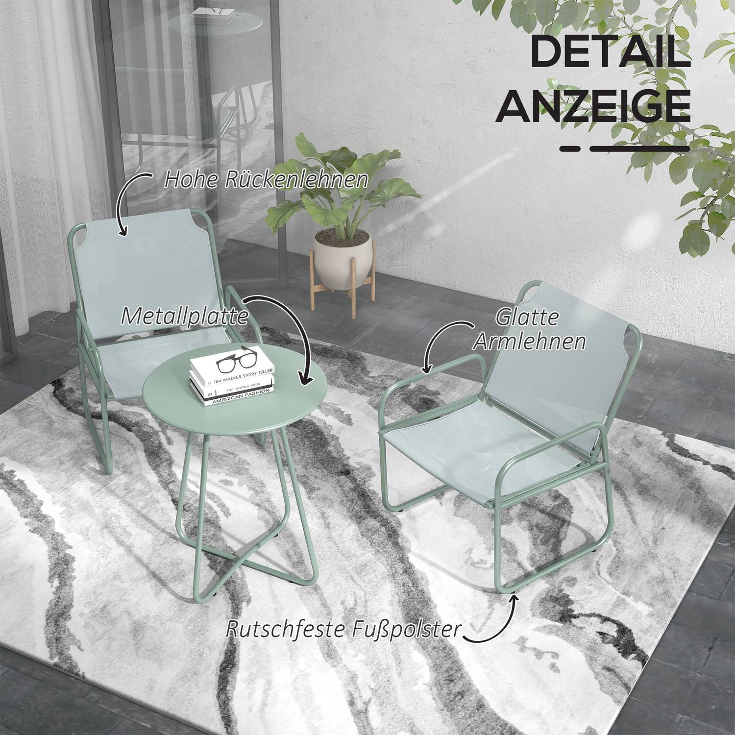 3-delige groene bistroset van gaas met tafel en stoelen