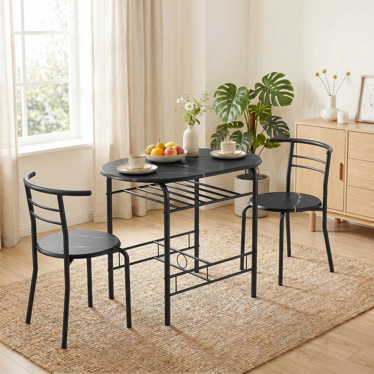 3-delige eettafelset voor 2 personen, zwart marmerlook, met legplank