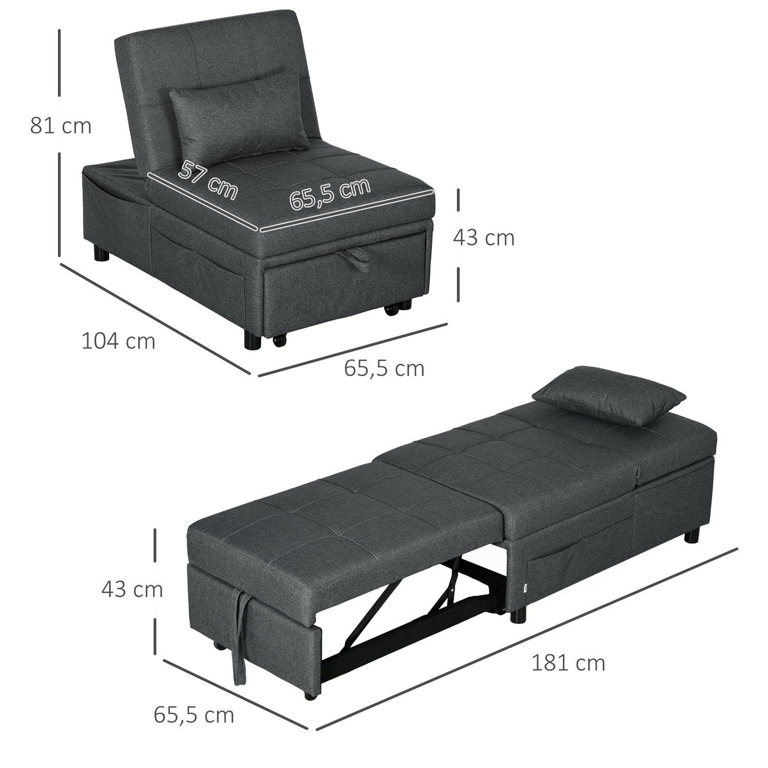 3-in-1 grijze klapstoel – Logeerbed met wieltjes en opbergvak