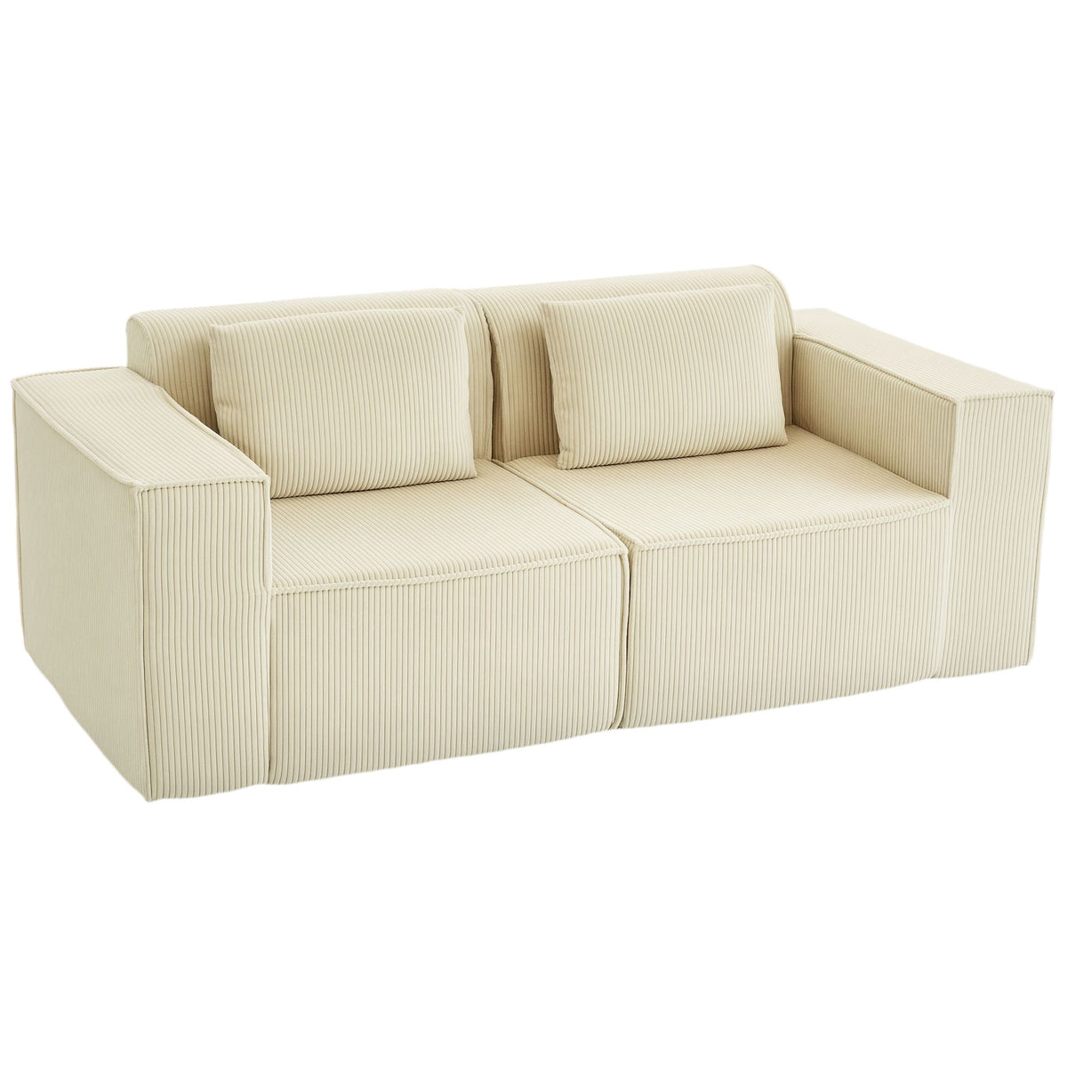 3-zitsbank, corduroybekleding, brede armleuningen, 2 kussens, beige