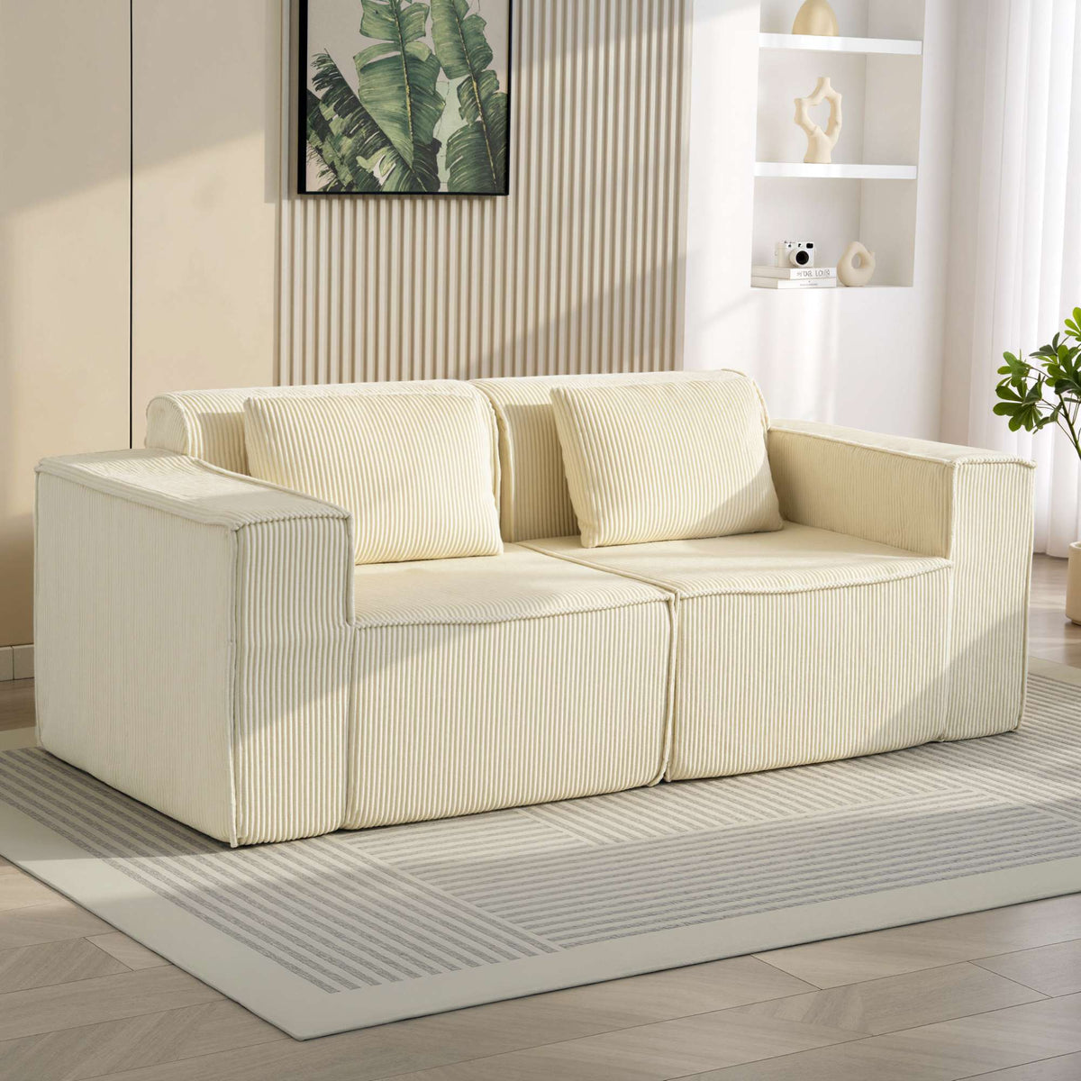 3-zitsbank, corduroybekleding, brede armleuningen, 2 kussens, beige