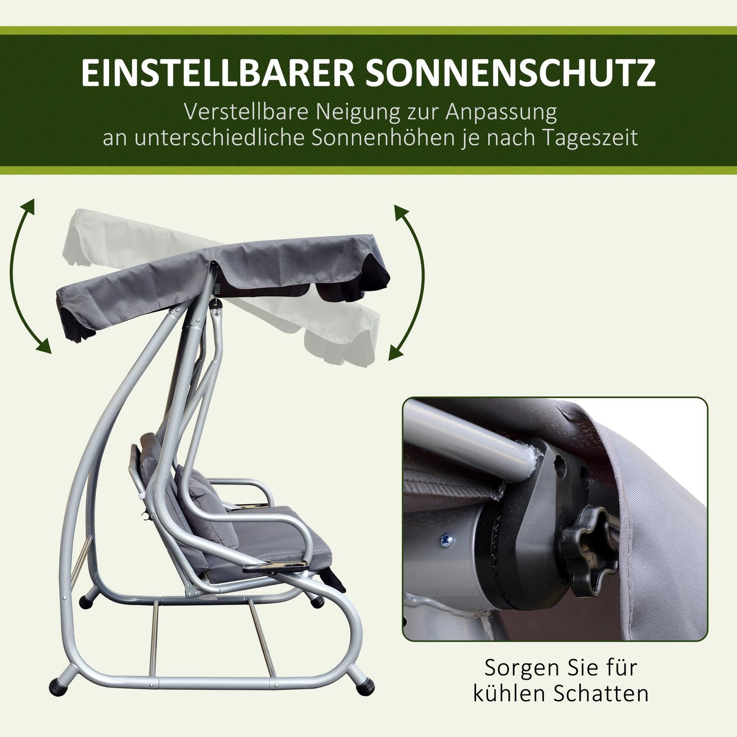 3-zits stalen tuinschommelbank, liggend, grijs, 200x120x164 cm