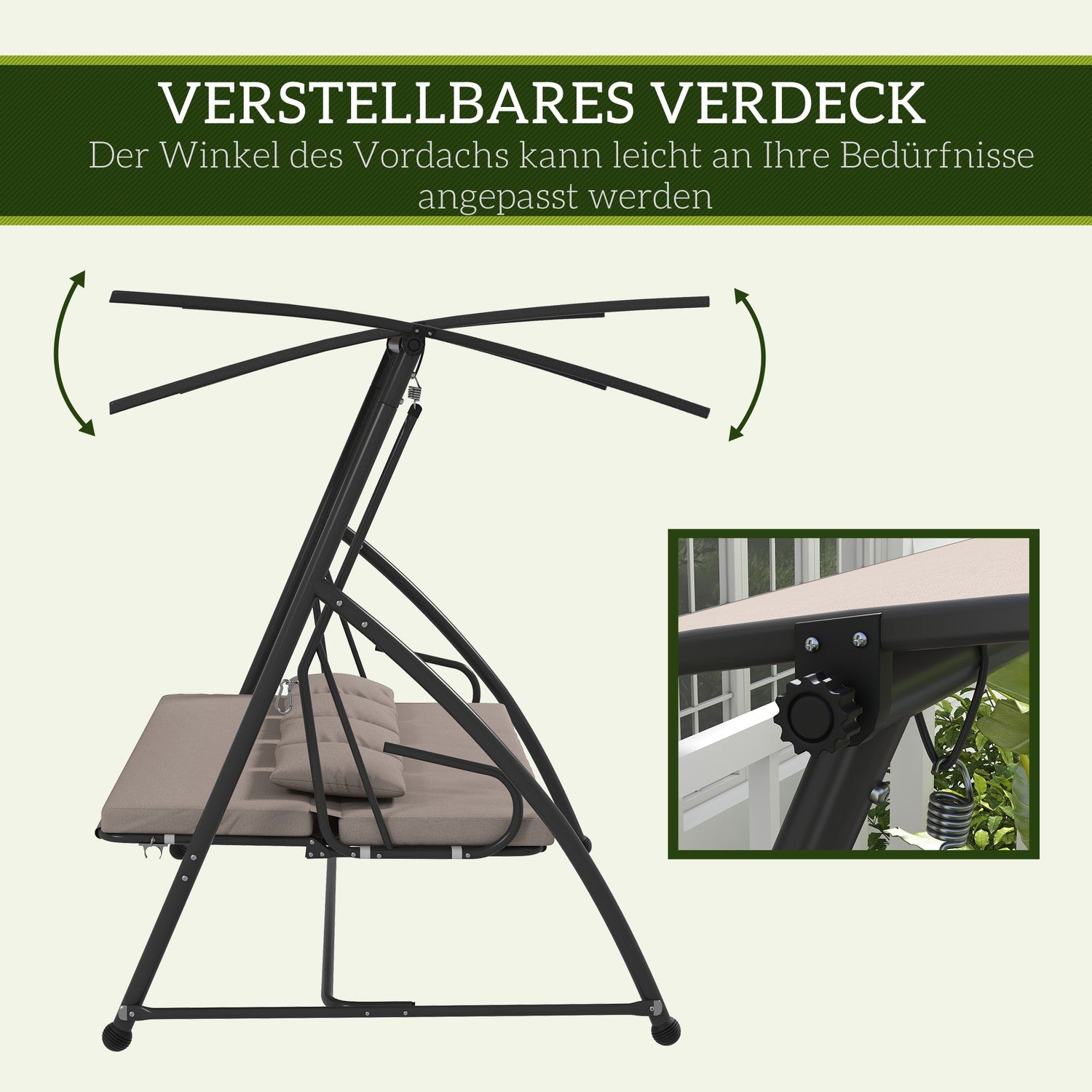 3-zits tuinschommel in staal met verstelbare luifel, lichtbruin