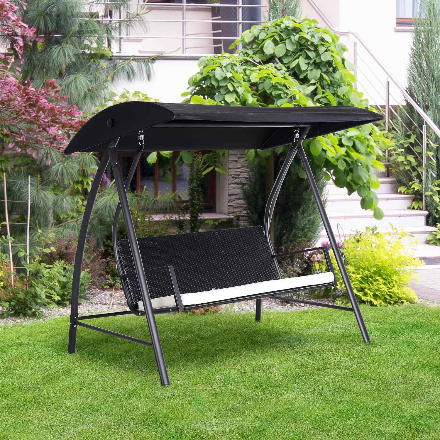 3-zits tuinschommel met dak, polyrotan, zwart