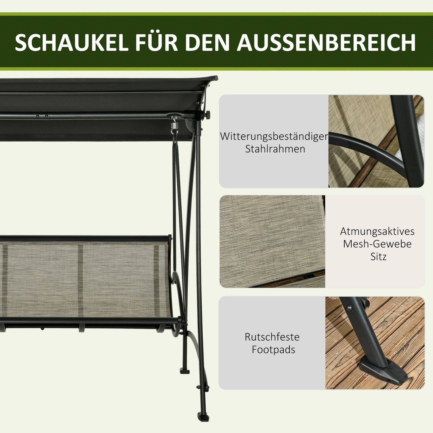 3-persoons tuinschommelbank, UV-bescherming, verstelbare luifel