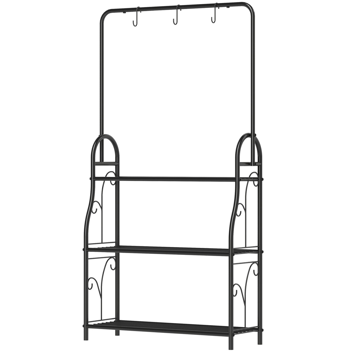 3-laags plantenrek van zwart metaal met ophanghaken, 137 cm hoog