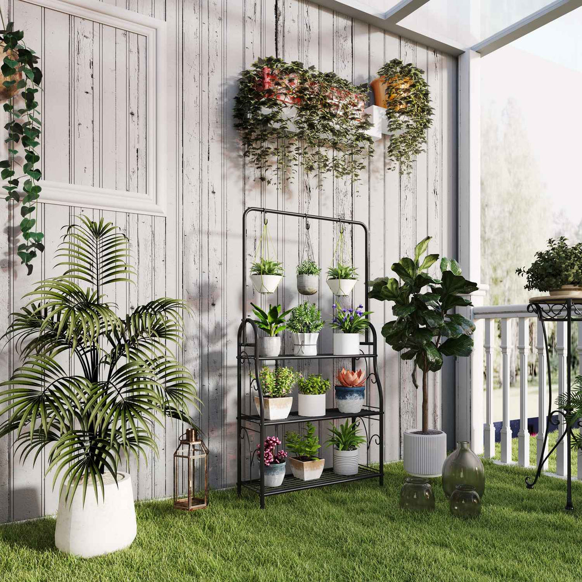 3-laags plantenrek van zwart metaal met ophanghaken, 137 cm hoog