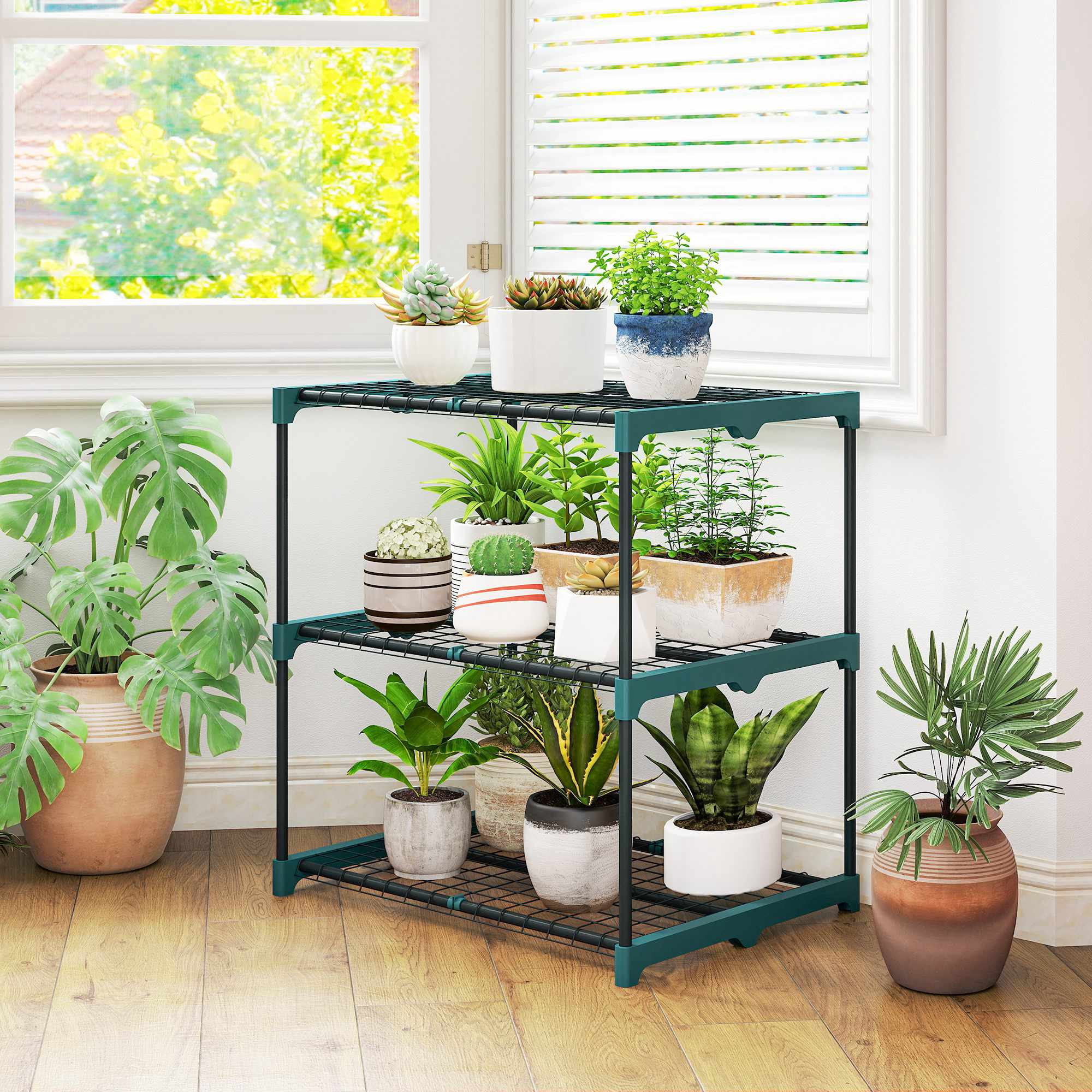 3-vånings växtställ, stålram, inomhus-/utomhusbruk