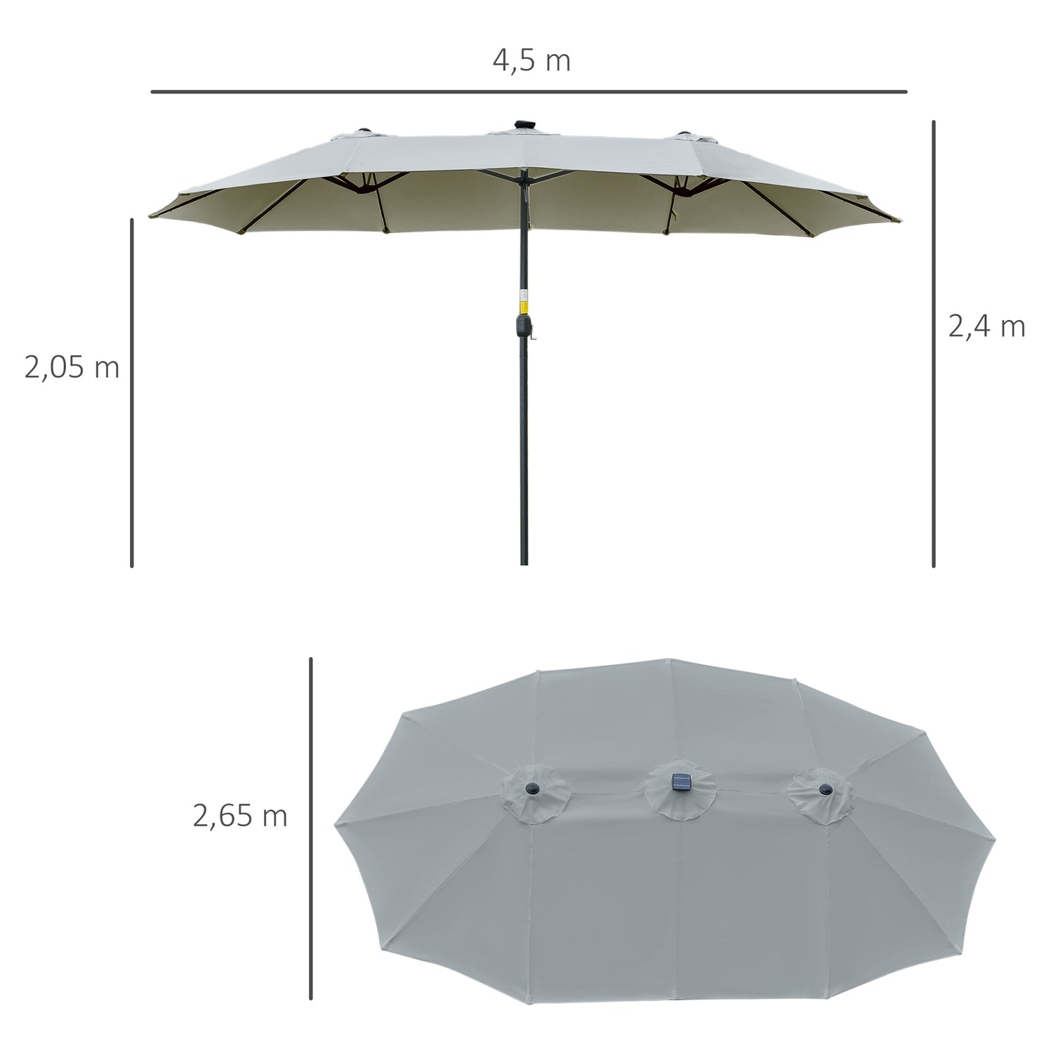 4,5 M Dubbele parasol met ledverlichting, op zonne-energie, lichtgrijs-zwart