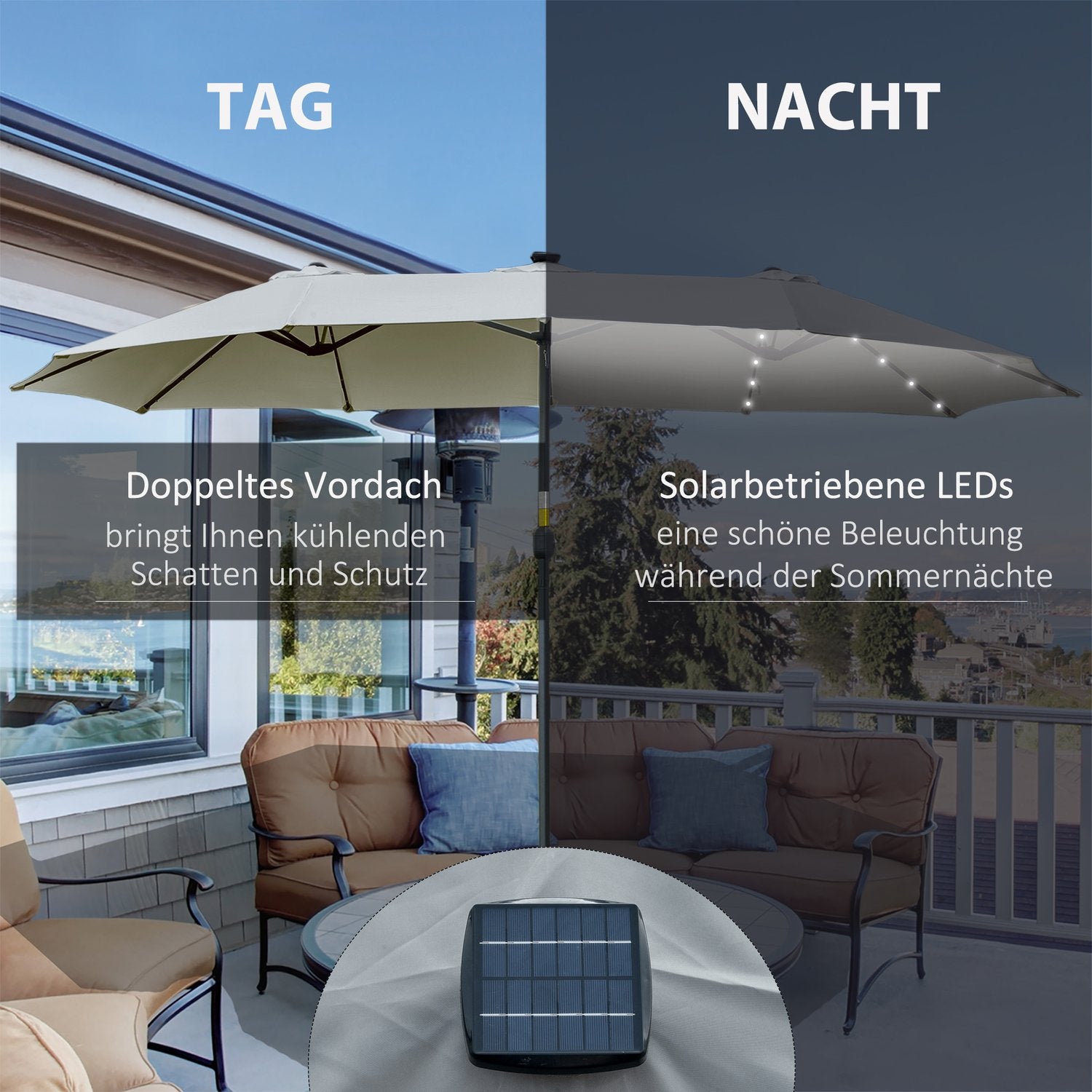 4,5 M Dubbele parasol met ledverlichting, op zonne-energie, lichtgrijs-zwart