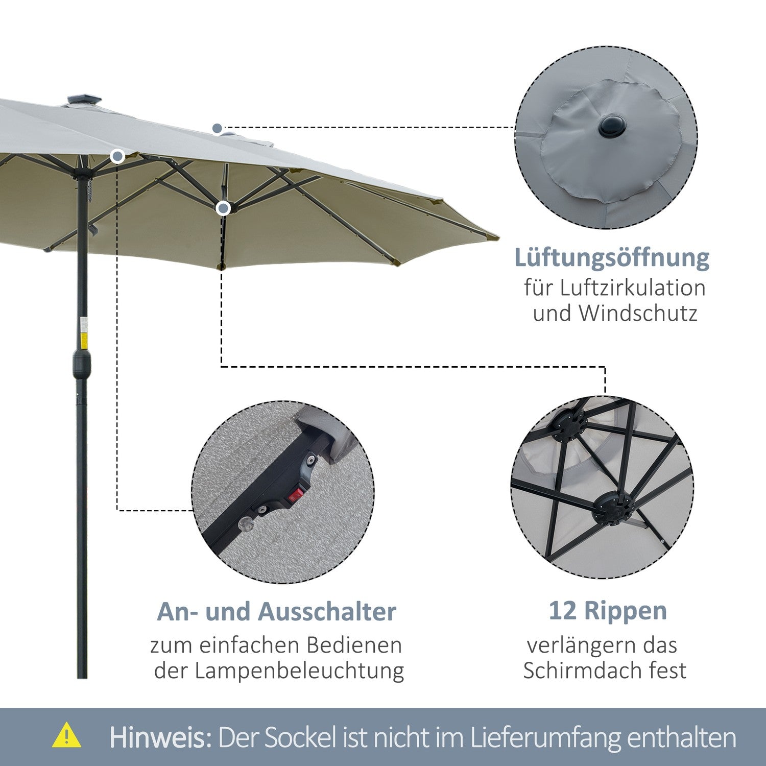 4,5 M Dubbele parasol met ledverlichting, op zonne-energie, lichtgrijs-zwart