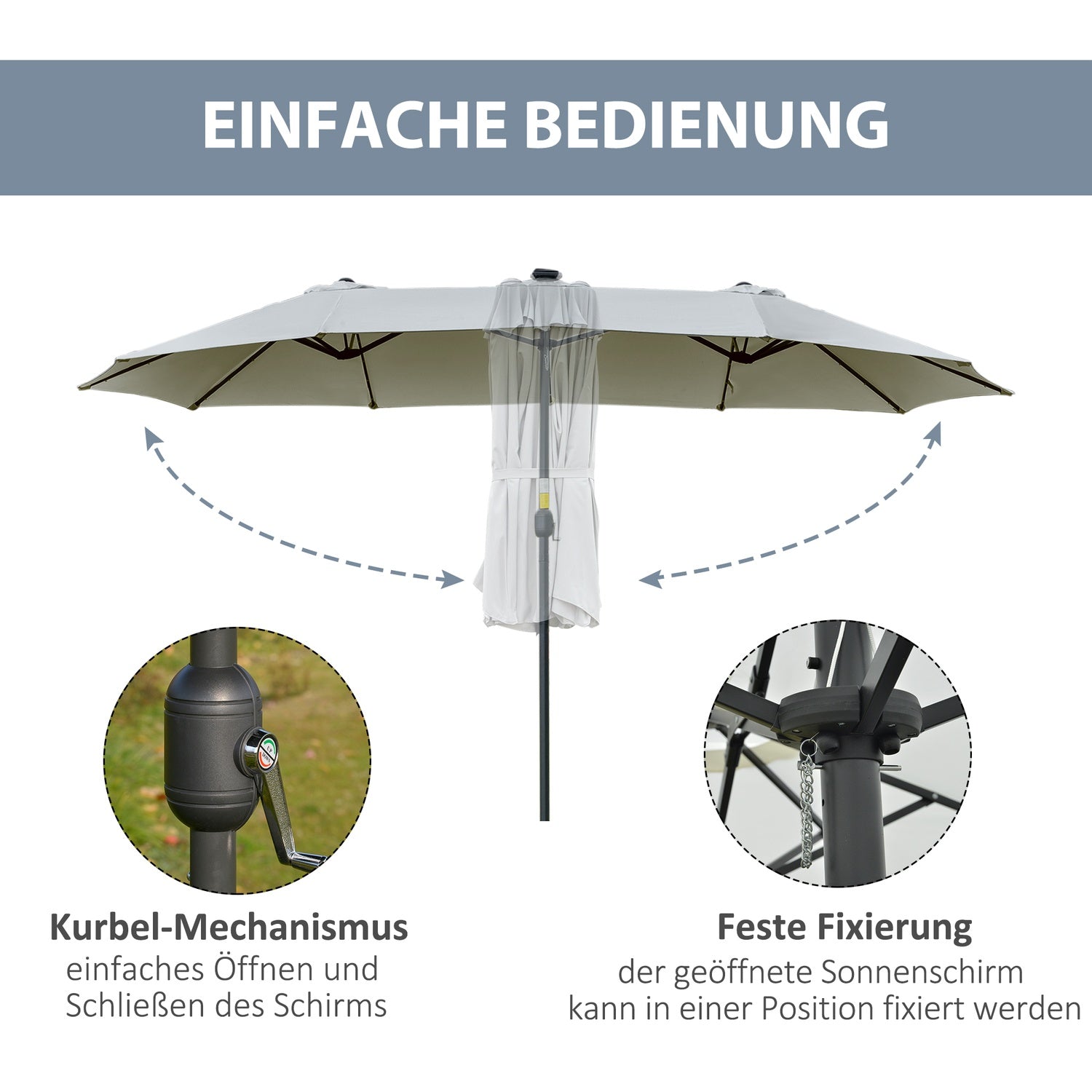 4,5 M Dubbele parasol met ledverlichting, op zonne-energie, lichtgrijs-zwart