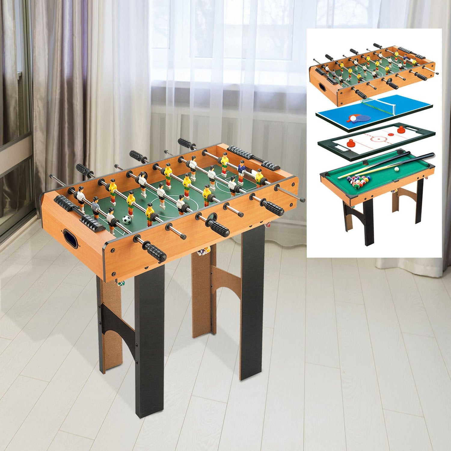 4-in-1-multispeeltafel: voetbal, hockey, biljart, tennis