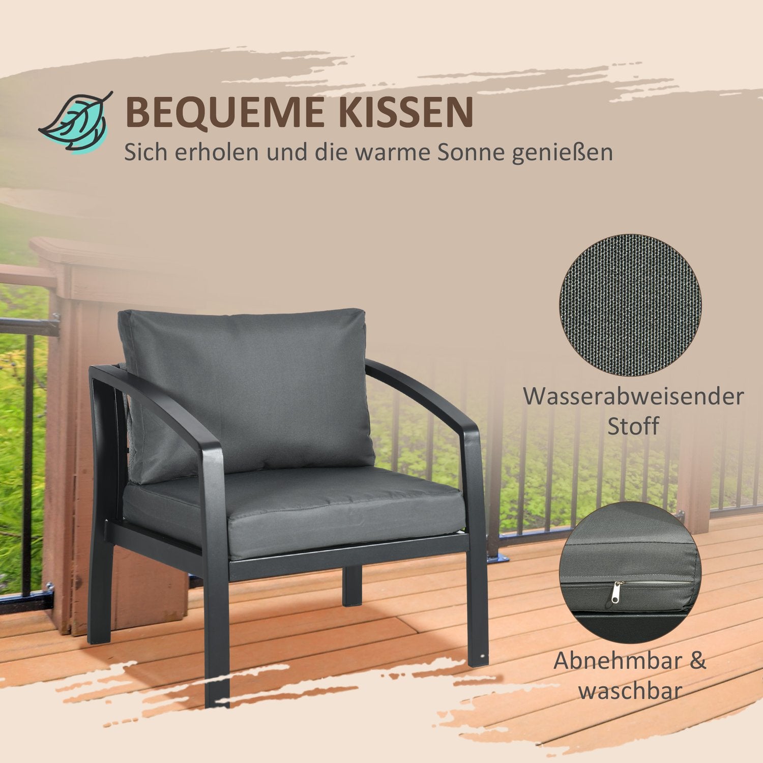 4-persoons grijs & zwart tuinmeubelset met bank, fauteuils, glazen tafel – weerbestendig