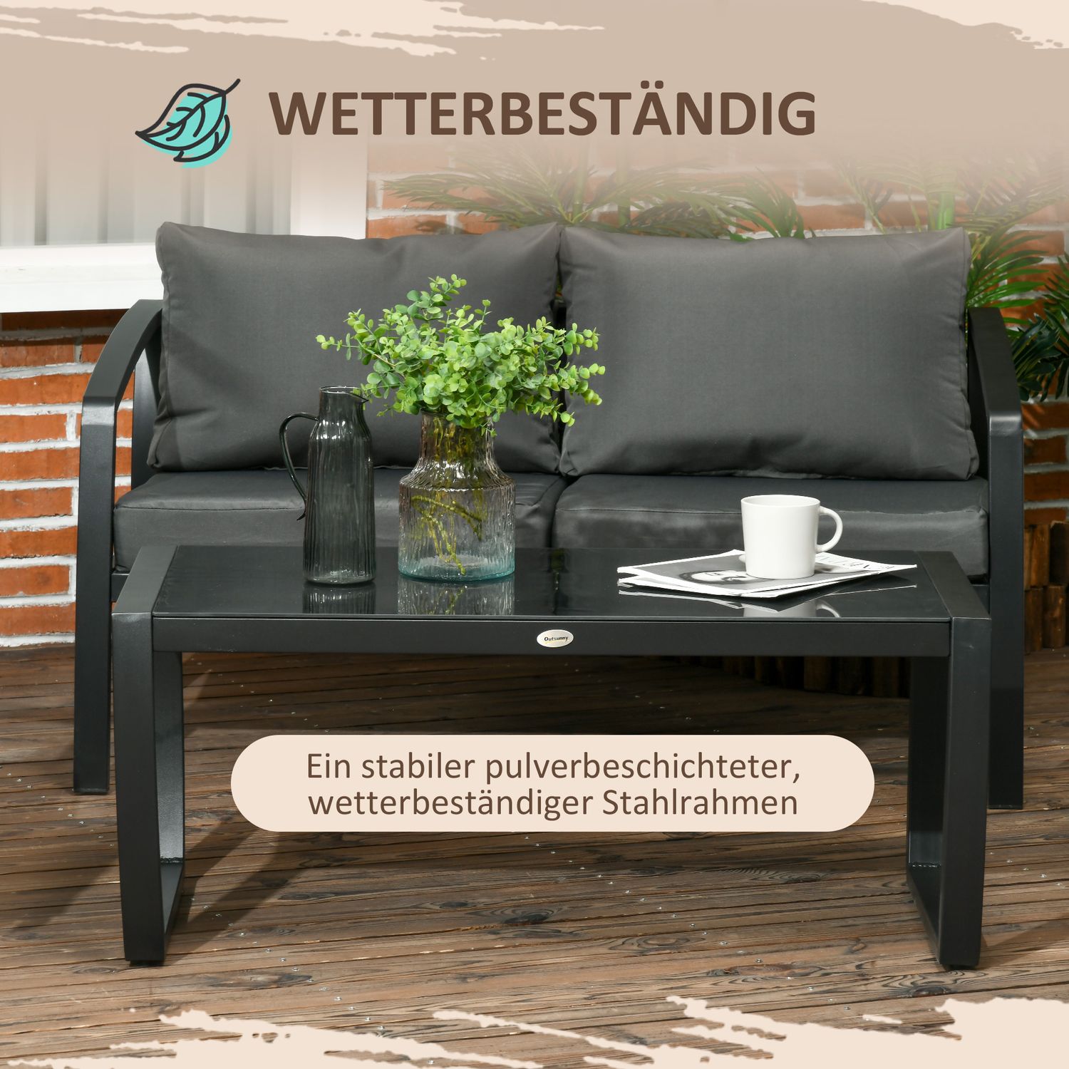 4-persoons grijs & zwart tuinmeubelset met bank, fauteuils, glazen tafel – weerbestendig