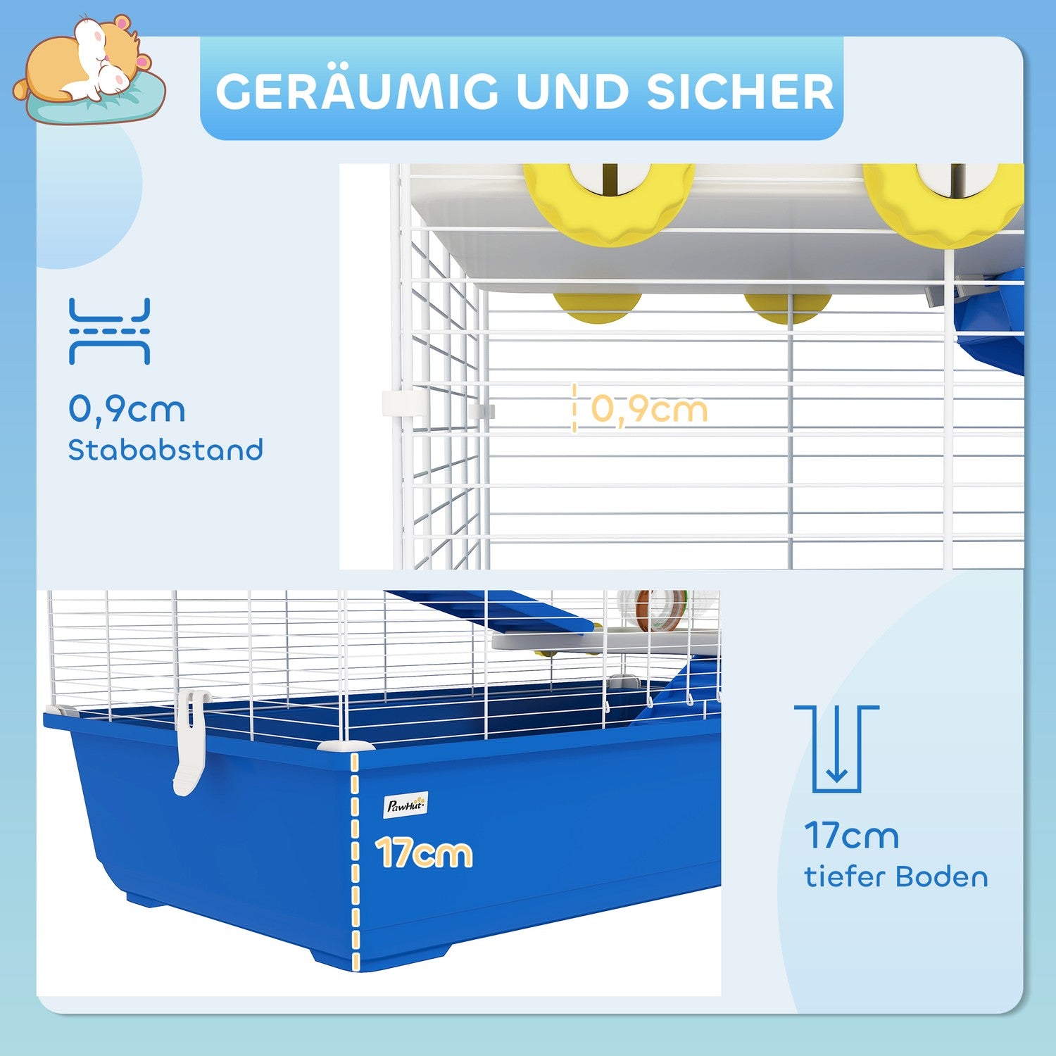 4-laags hamsterkooi met wielen en accessoires, blauw