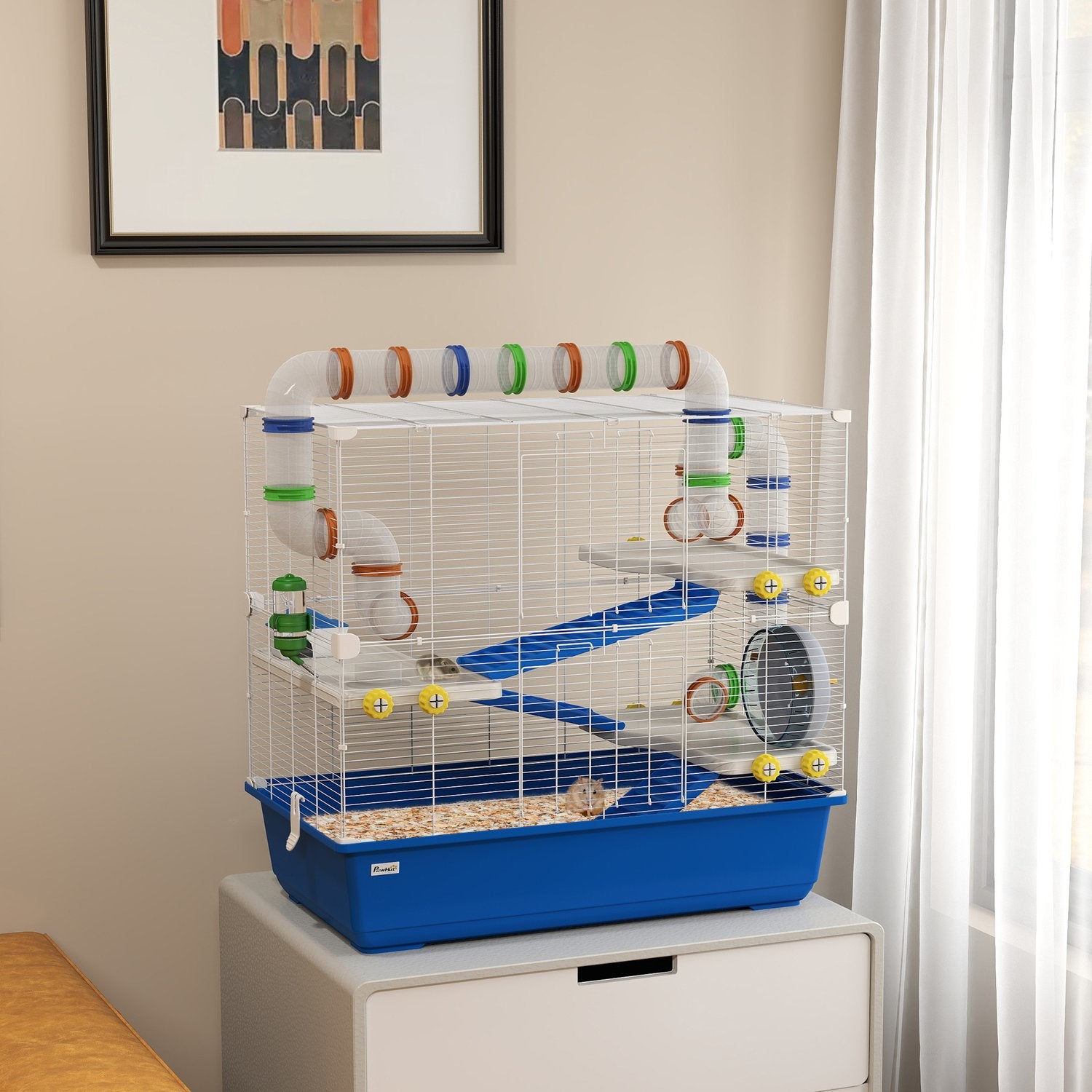 4-laags hamsterkooi met wielen en accessoires, blauw