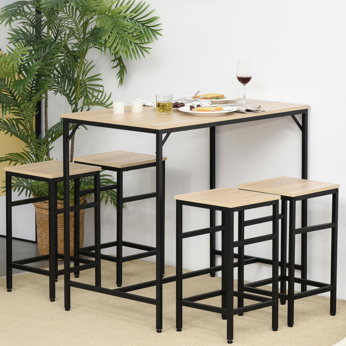 5-delige bartafelset, stalen frame, eikenhouten afwerking