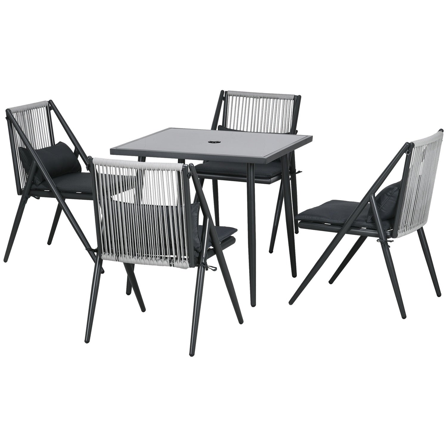 5-delige donkergrijze terras set, tafel en stoelen, parasolgat
