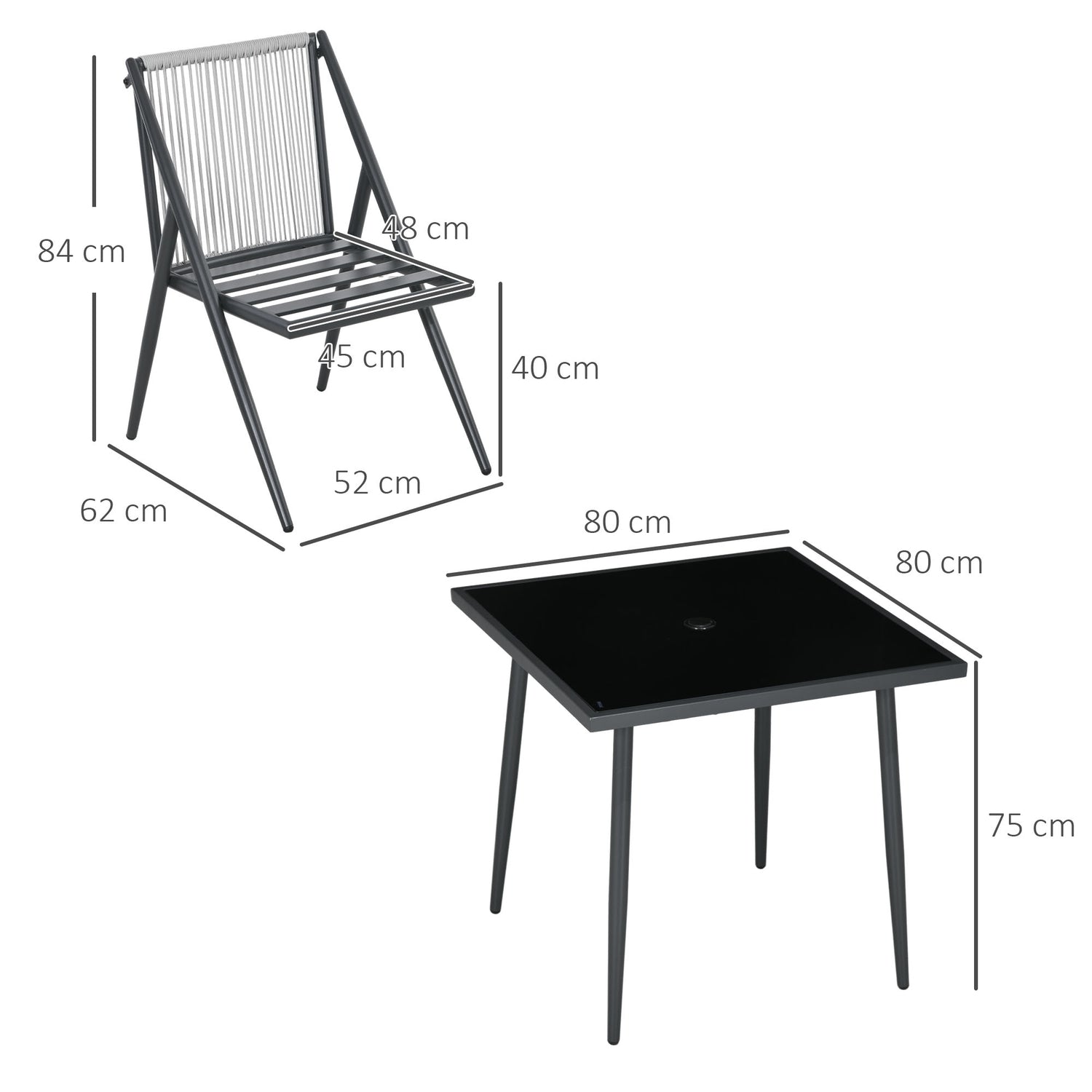 5-delige donkergrijze terras set, tafel en stoelen, parasolgat