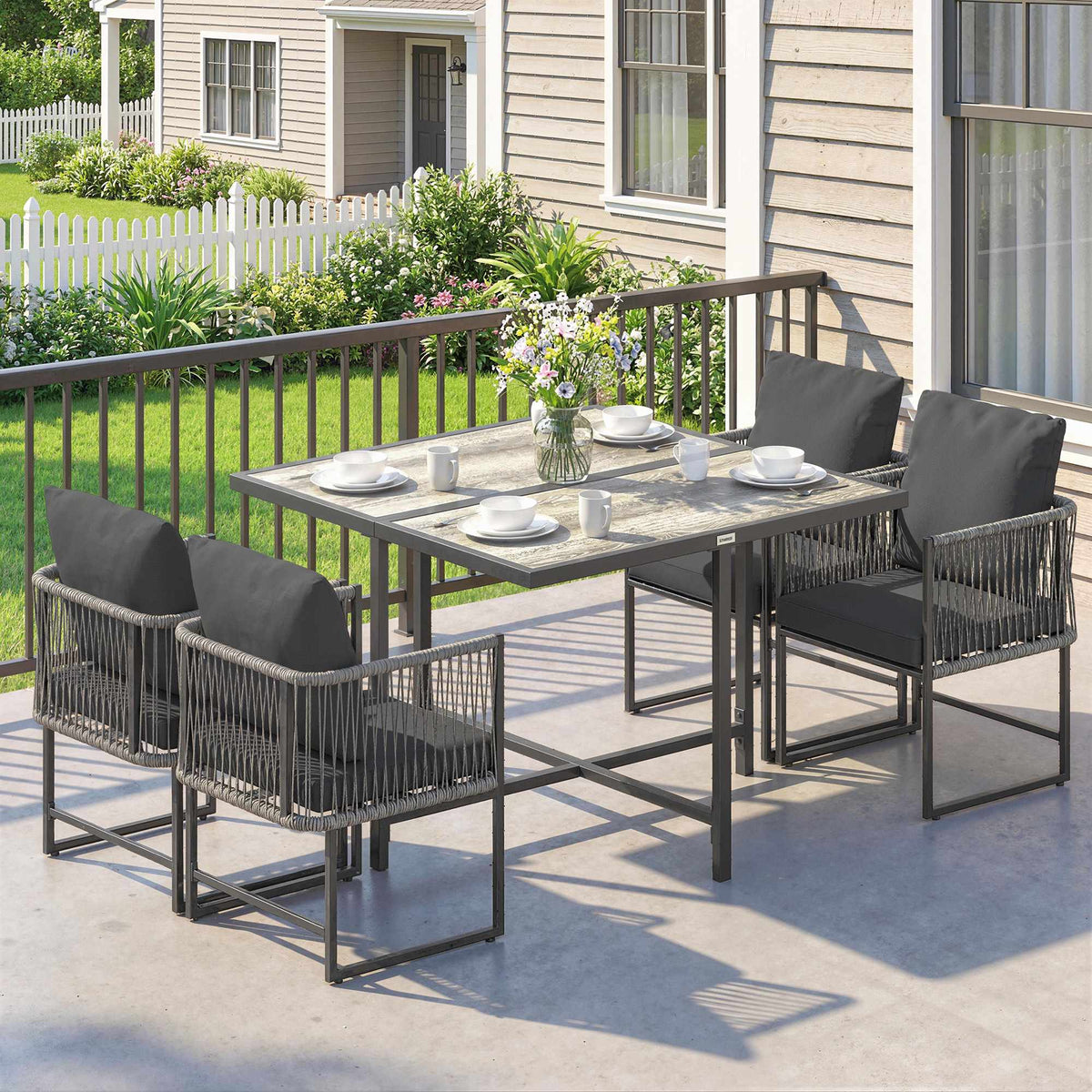 5-delige loungeset met kussens, zwart en grijs