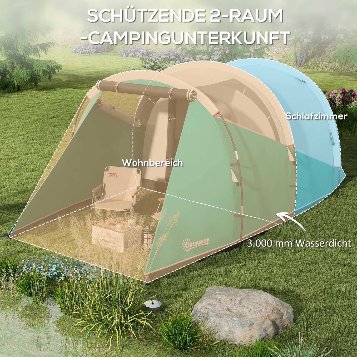 5-persoons familietent, 2 kamers, waterdicht, groen