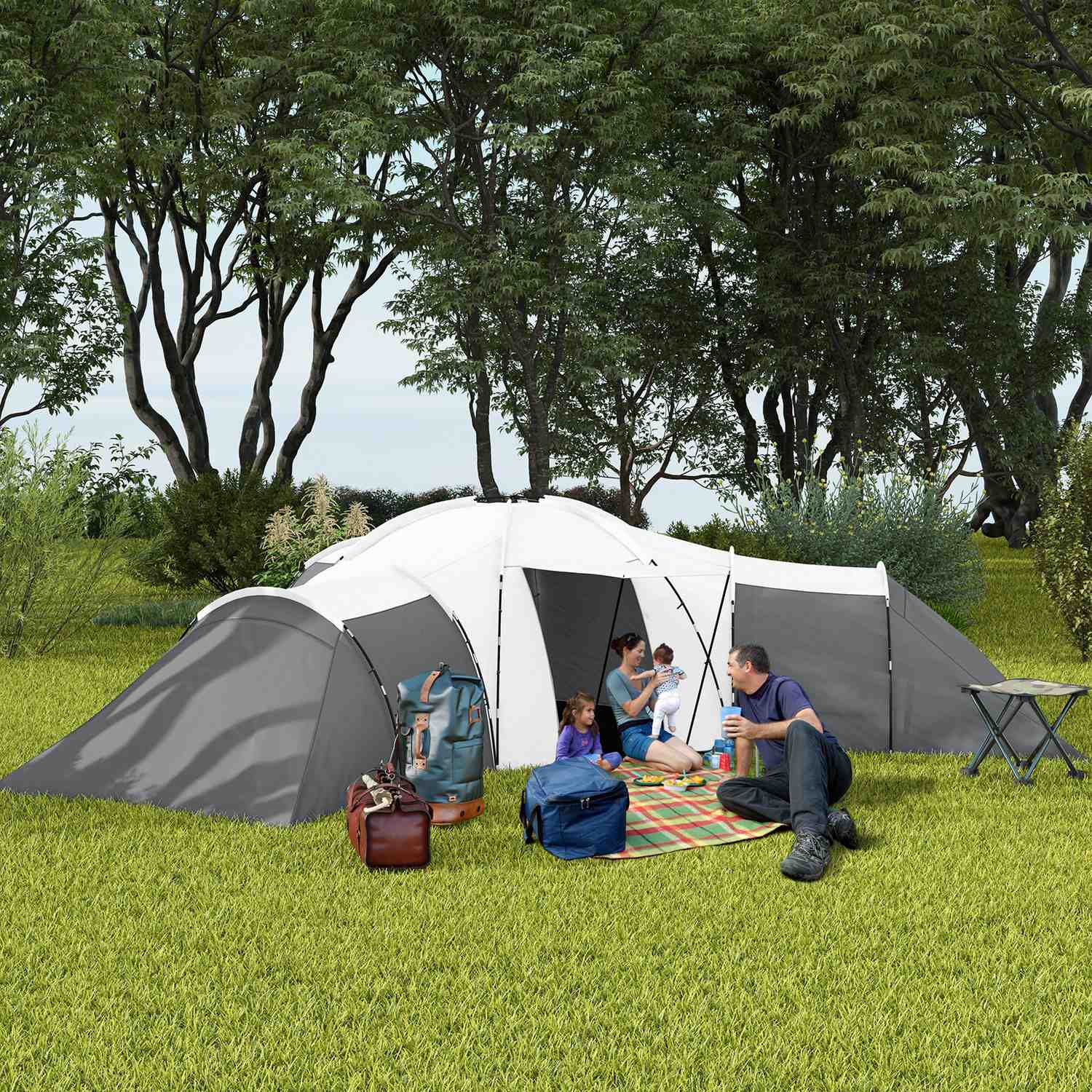 6-9-persoons tunneltent, 3 slaapkamers, grijs
