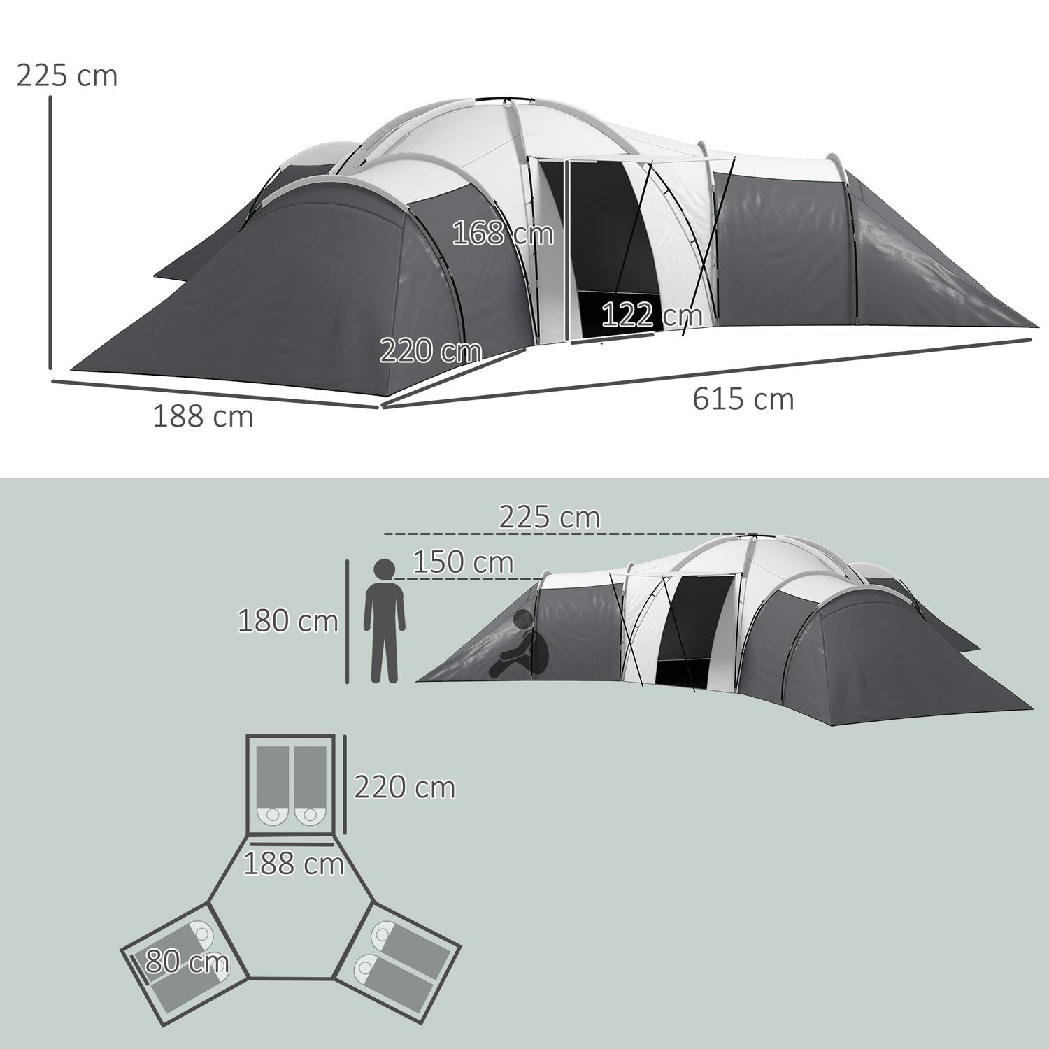 6-9-persoons tunneltent, 3 slaapkamers, grijs