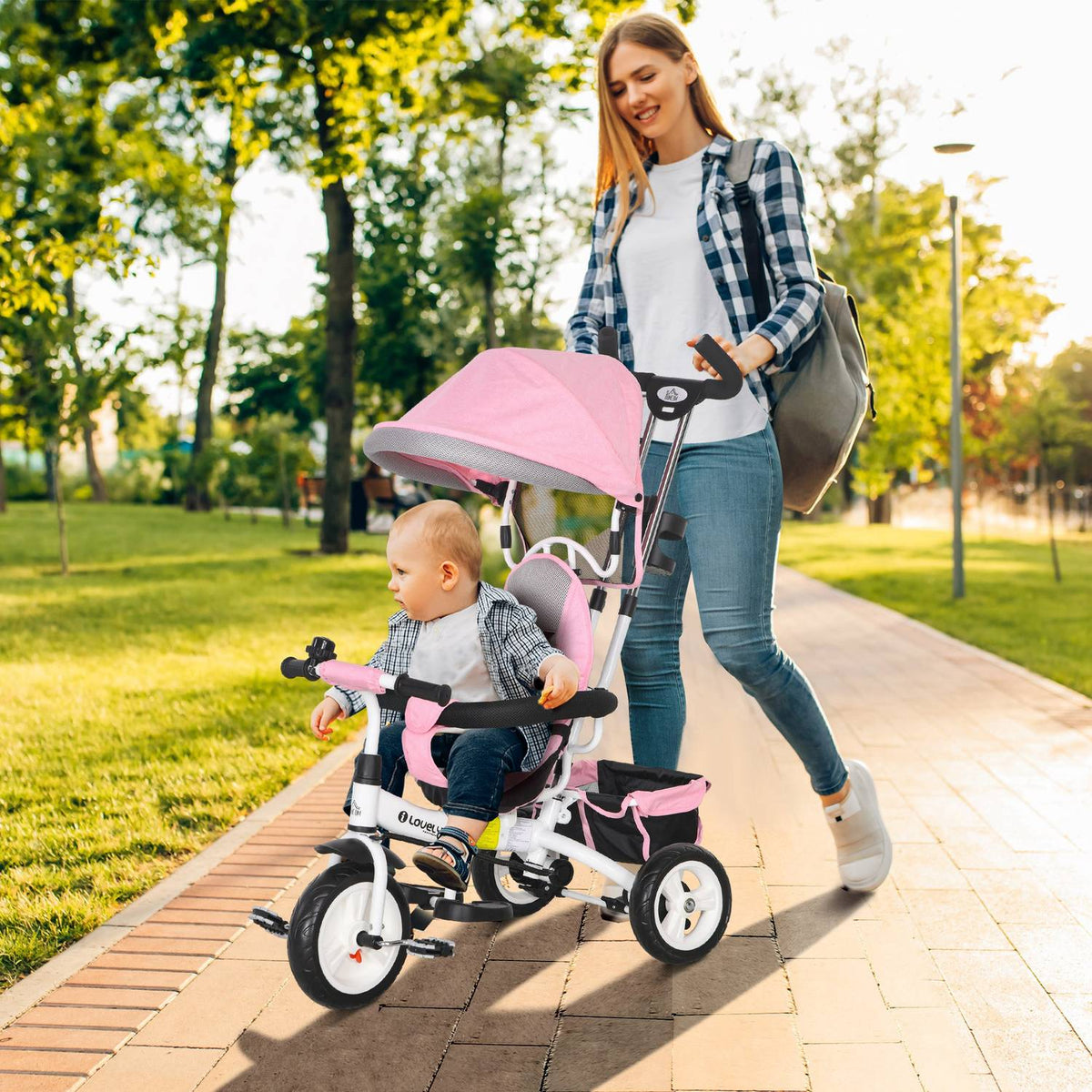 6-in-1 kinderdriewieler met duwstang, dak, veiligheidsgordel, opbergmand, voor 1-5 jaar, roze