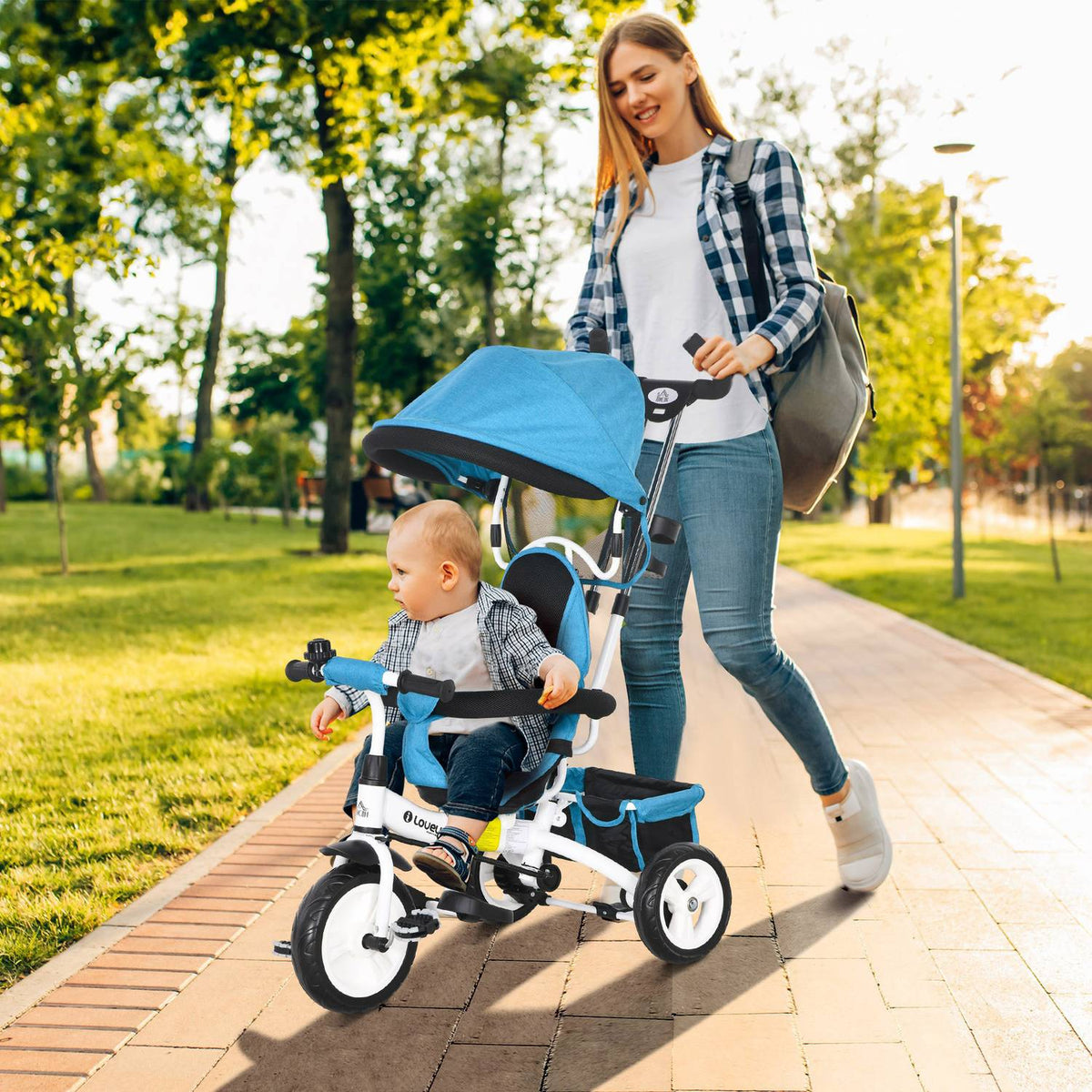 6-in-1 driewieler voor kinderen met duwstang, luifel, riem, opbergmand, voor 1-5 jaar, blauw