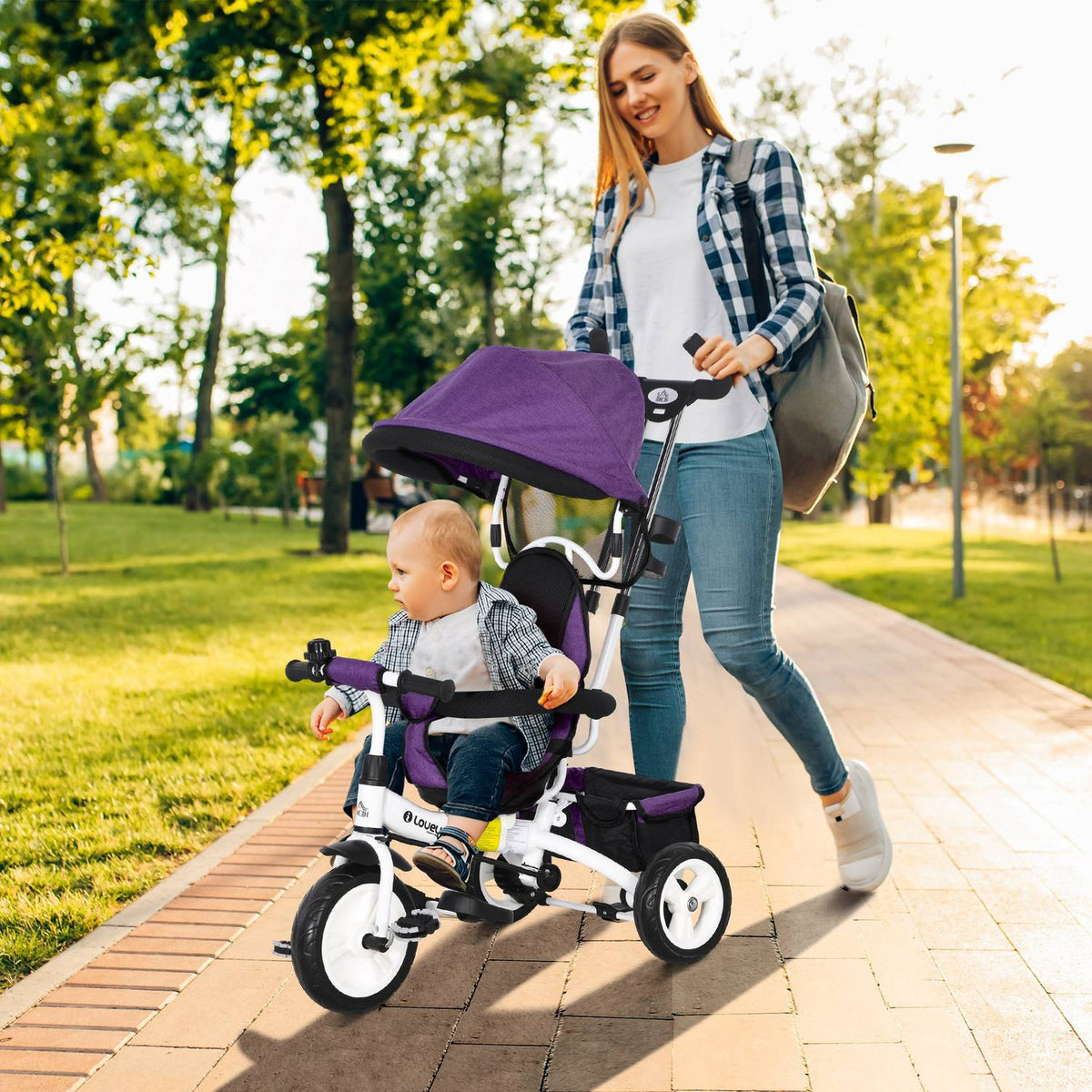 6-in-1 driewieler voor kinderen met duwstang, luifel, riem, opbergmand, voor 1-5 jaar, blauw