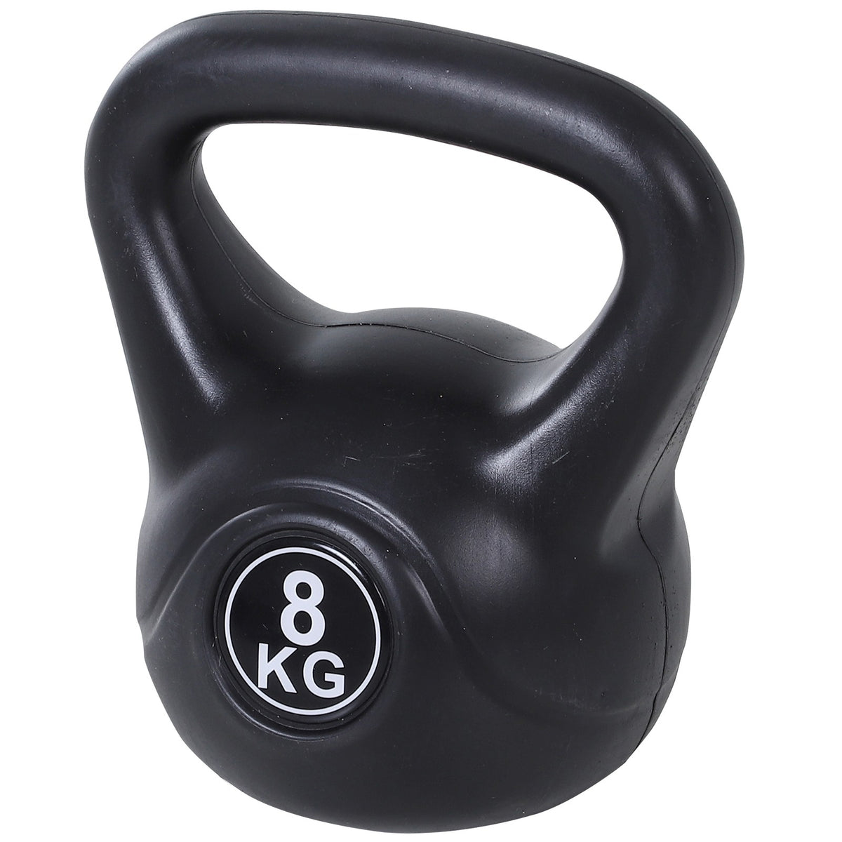 Kettlebell på 8 kg, sandfylld, svart, nybörjarvänlig