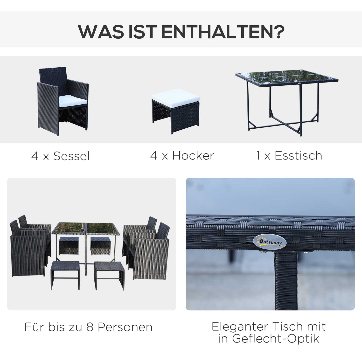 8-persoons zwarte polyrattan tuinzitset