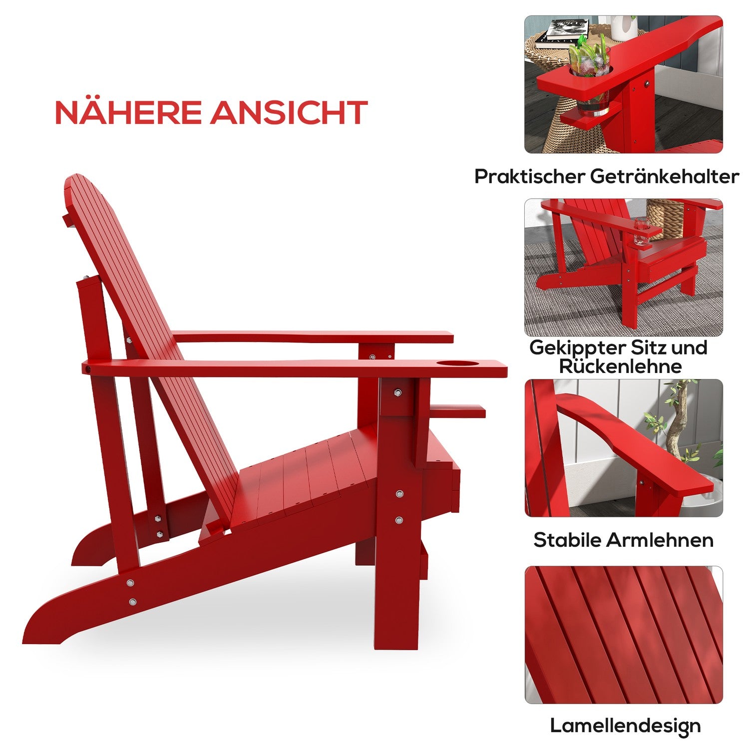 Adirondack tuinstoel, rood massief hout met bekerhouder