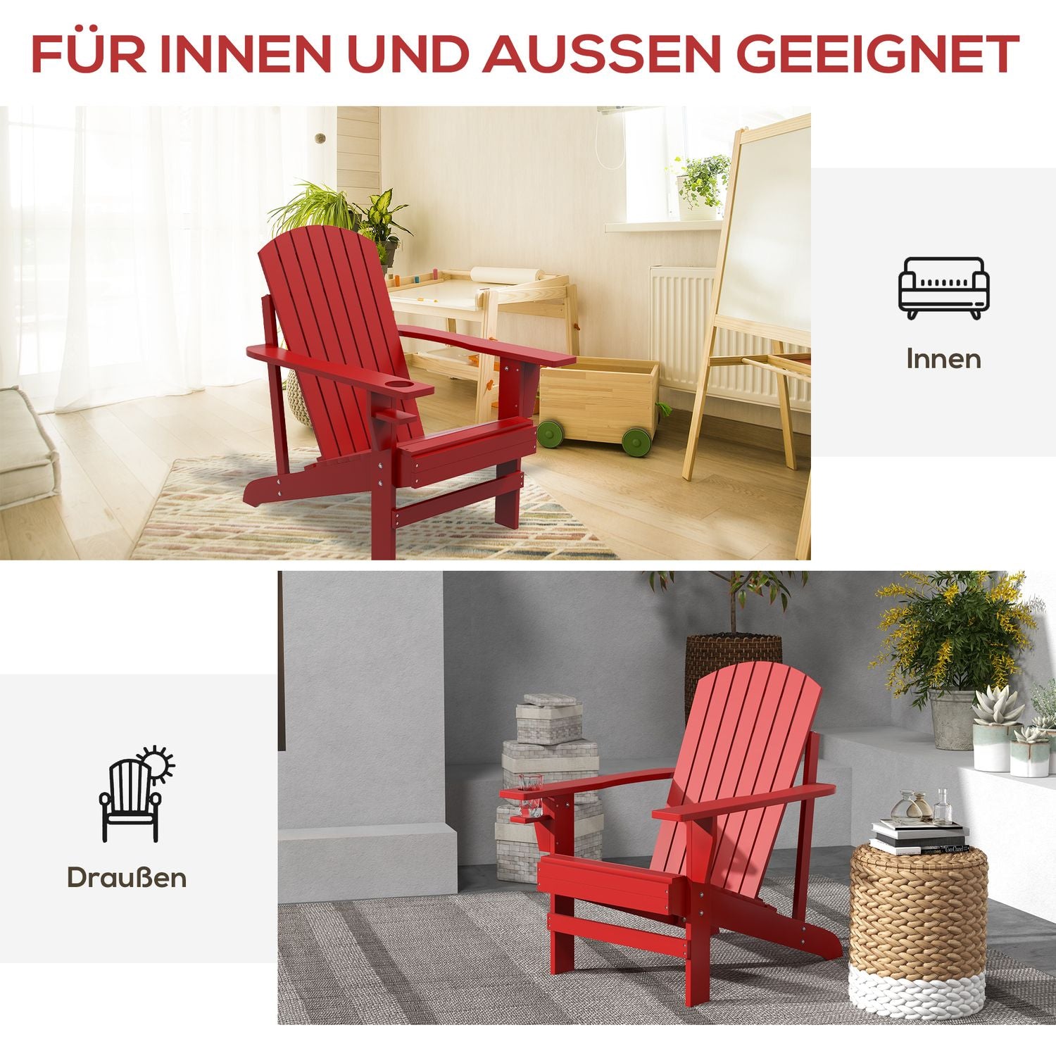 Adirondack tuinstoel, rood massief hout met bekerhouder