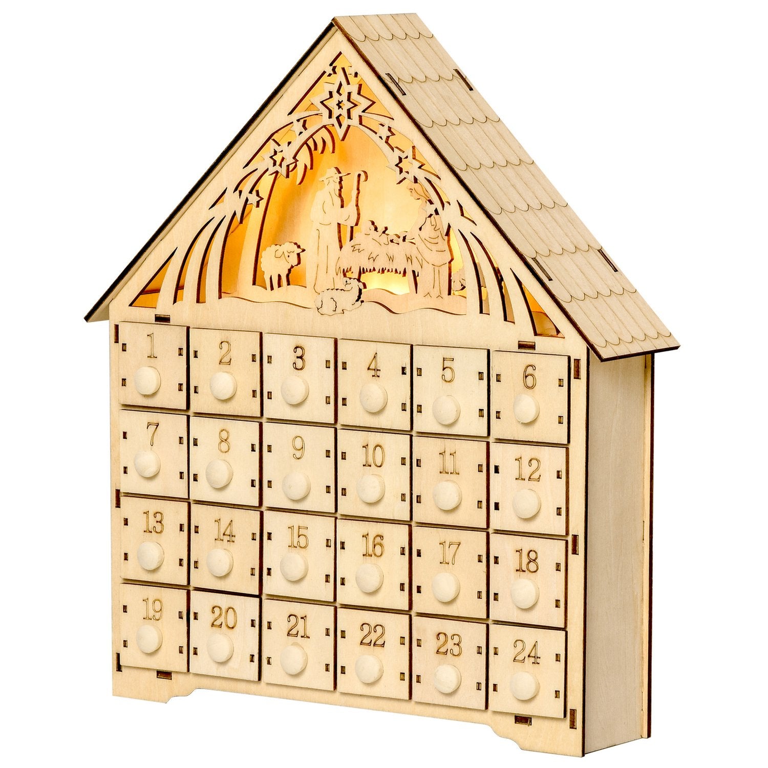 Adventskalender met 24 led-verlichte houten doosjes