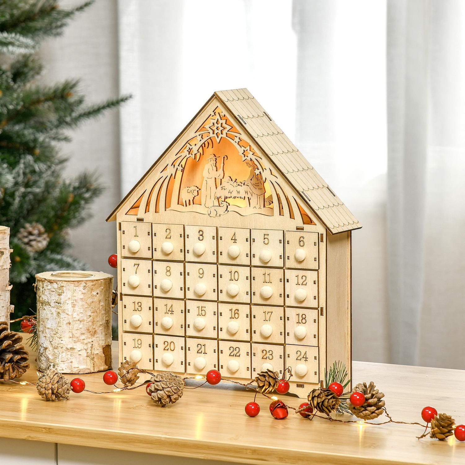 Adventskalender met 24 led-verlichte houten doosjes
